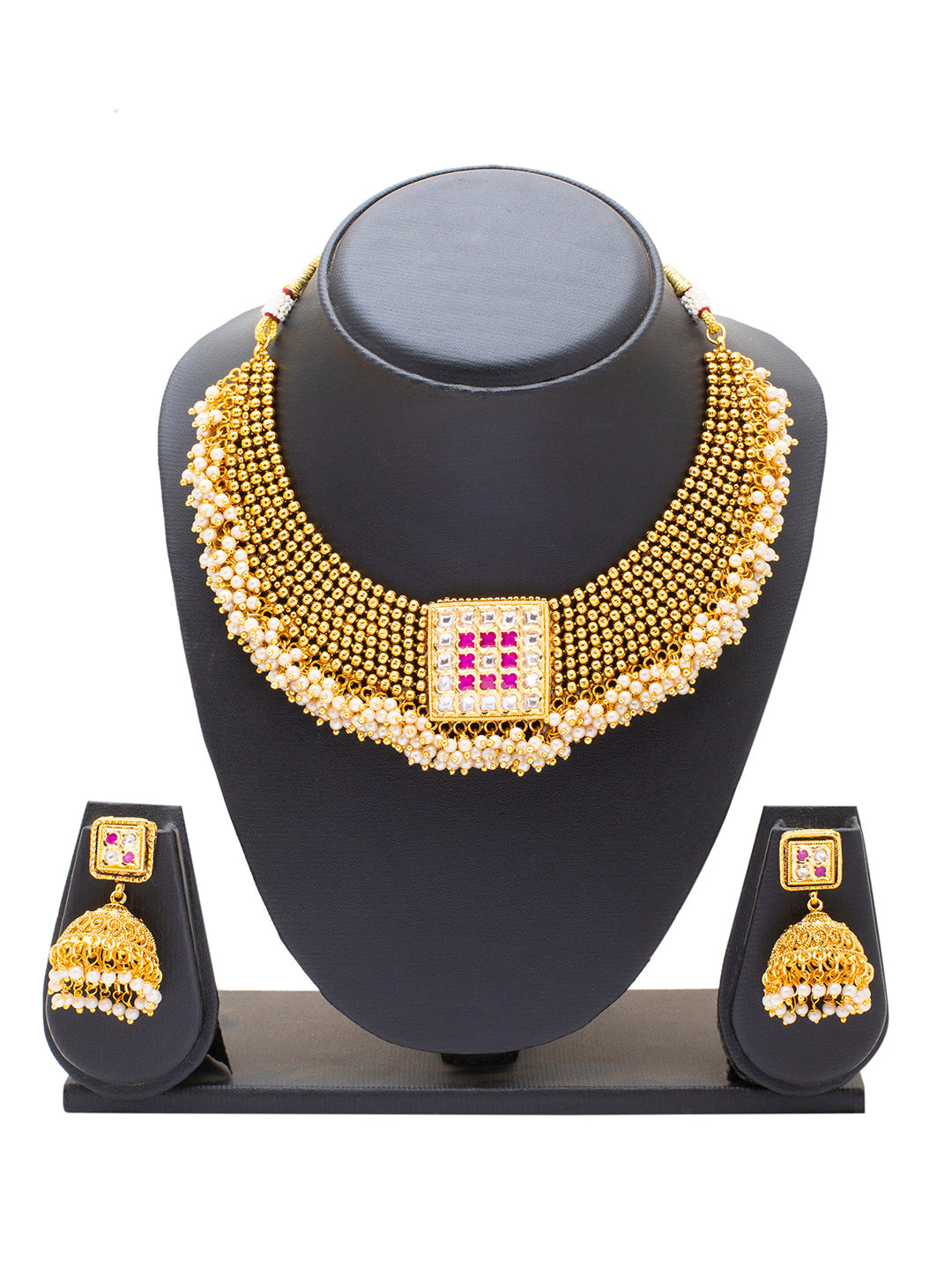 Shining Jewel Handcrafted Gold Plated Jewellery Clustered Hanging Pearl Necklace With Matching Jhumka Earring For Women.(SJN_149)
