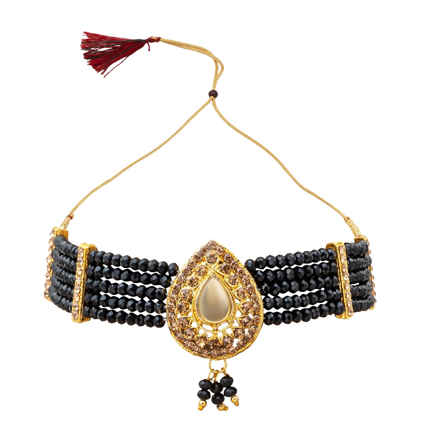 Gold Plated Kundan Pearl Choker Bridal Necklace Combo Jewellery Set with Maang Tikka and Earrings for Women (SJN_158_BK)