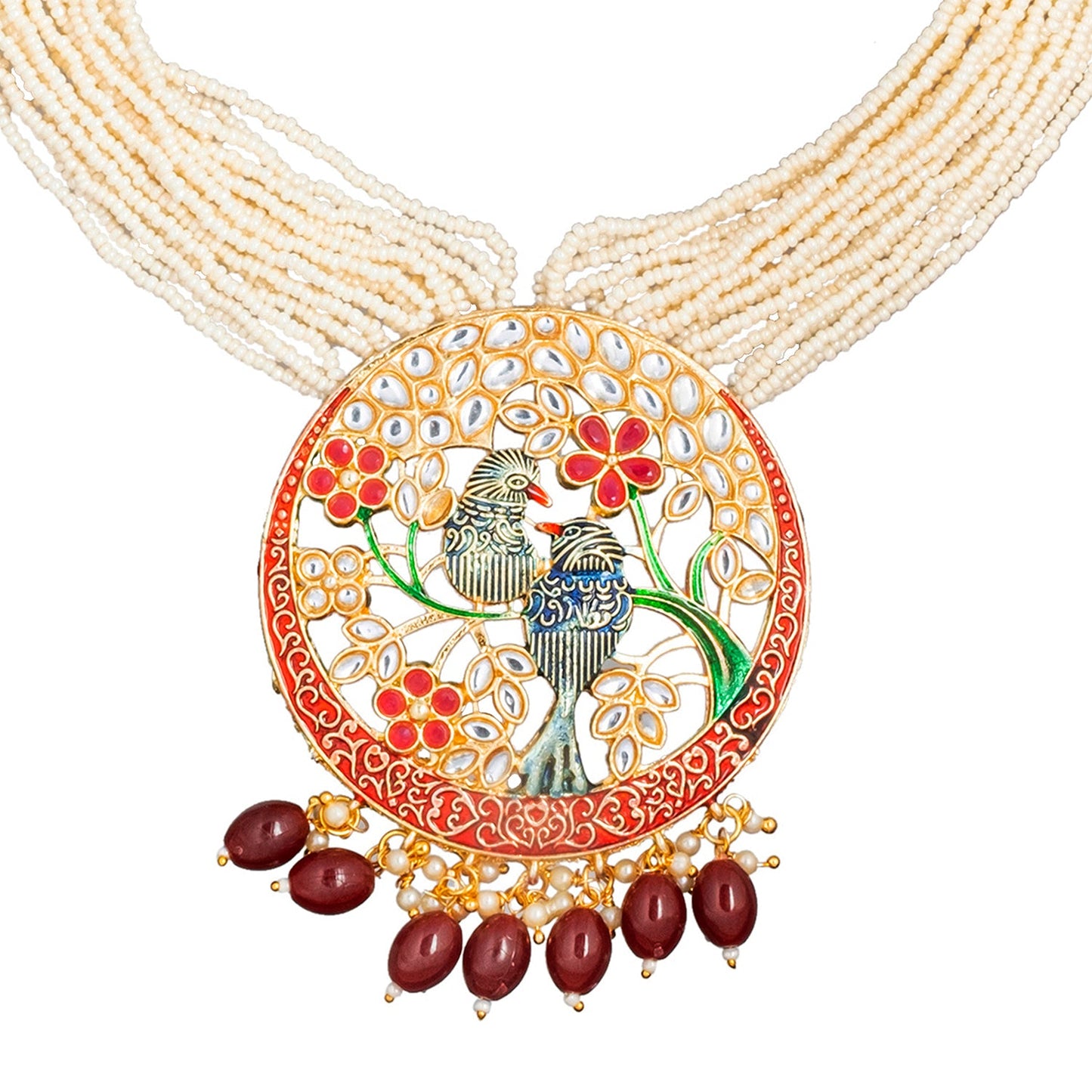 Shining Jewel Gold Plated Maroon Meenakari, CZ & Multilayer Pearls Adjustable Dori Long Pendant Necklace with Matching Earrings for Women (SJN_169_M)