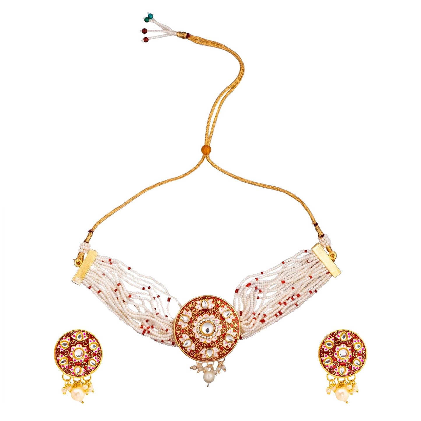 Shining Jewel Gold Plated Maroon Meenakari, CZ & Multilayer Pearls Adjustable Dori Pendant Necklace with Matching Earrings for Women (SJN_170_M)