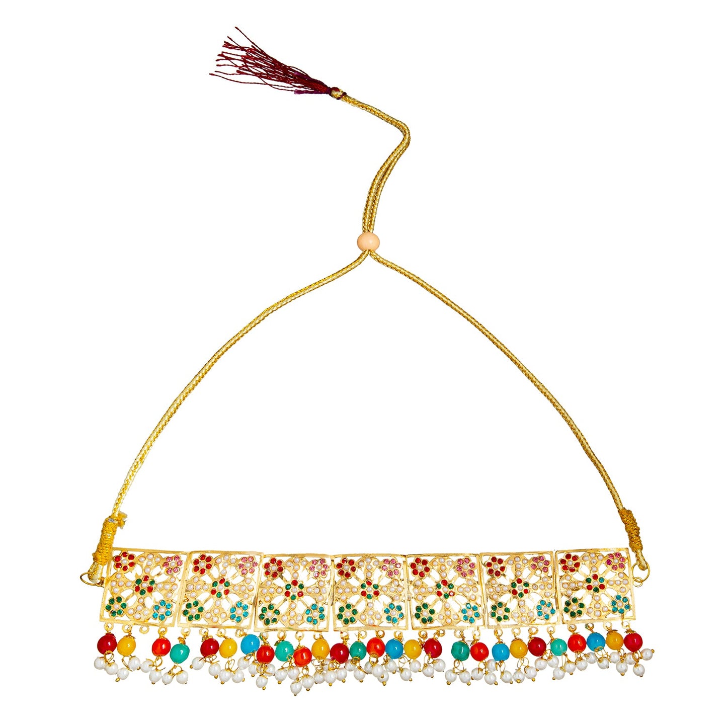 Gold Plated Multicolor Pearl Bridal Choker Necklace Combo Necklace Set with Maang Tikka and Earrings for Women (SJN_180_MT)