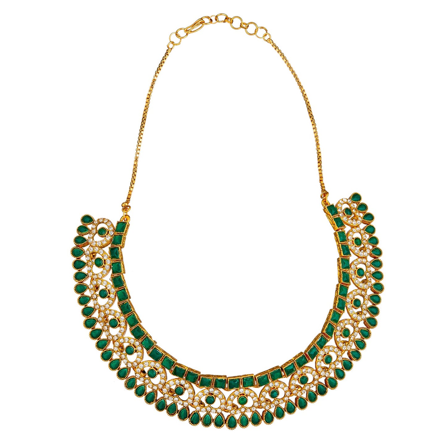 Gold Plated AD, Crystal, CZ Design Necklace Combo Jewellery Set with Maang Tikka and Earrings for Women (SJN_185_G)