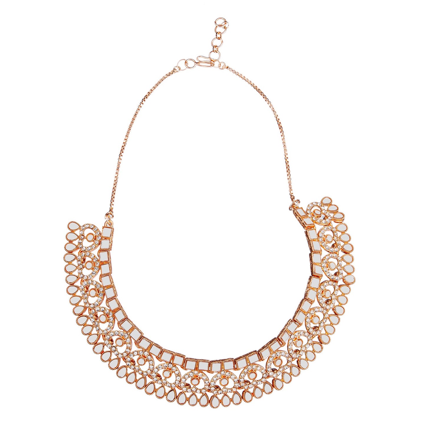 Rose Gold Plated AD, Crystal, CZ. Mirror Design Necklace Combo Jewellery Set with Maang Tikka and Earrings for Women (SJN_185_RG)
