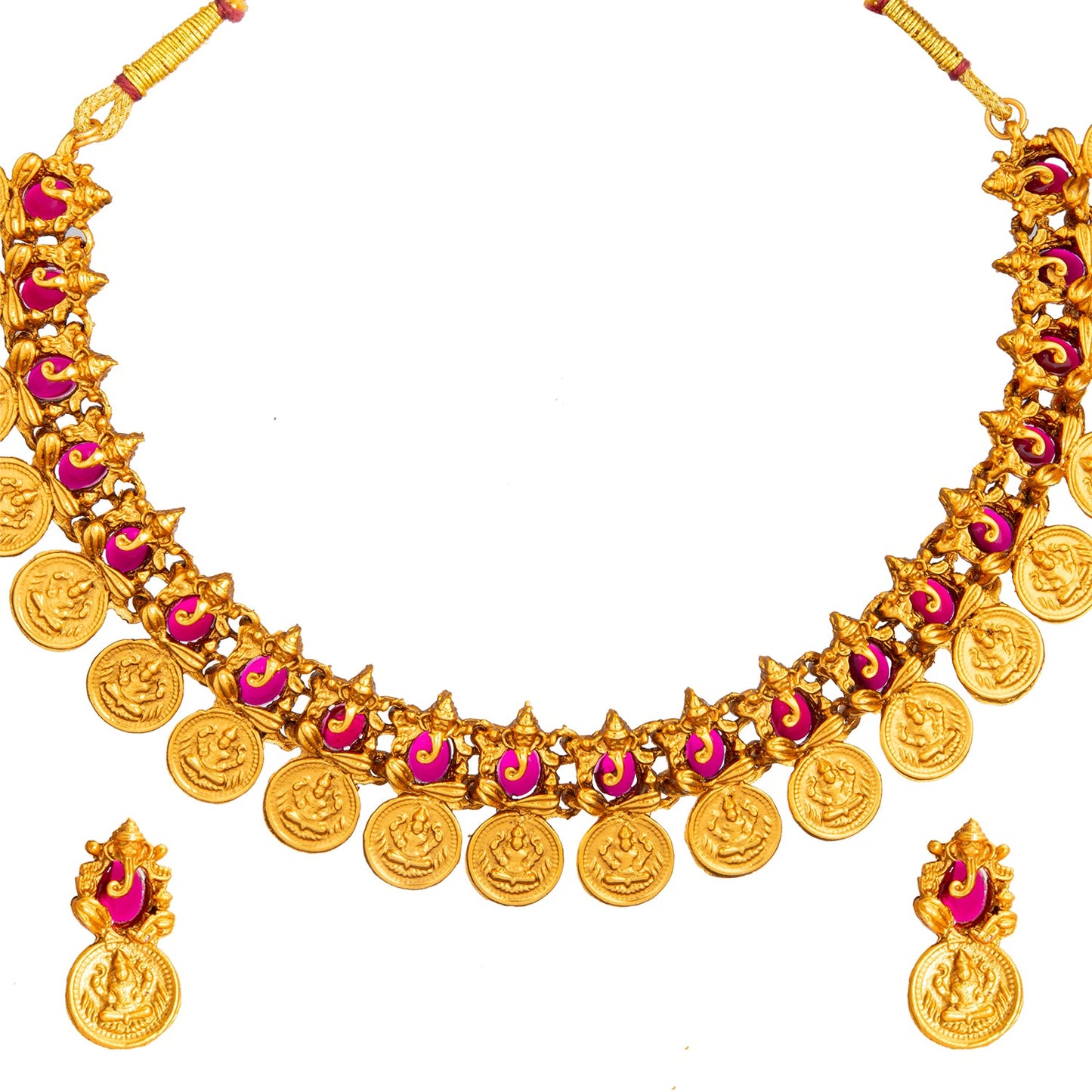 Handcrafted Gold Plated Kundan,CZ, Studded Temple Necklace Jewellery Set with Matching Stud Earrings for Women (SJN_192_M)