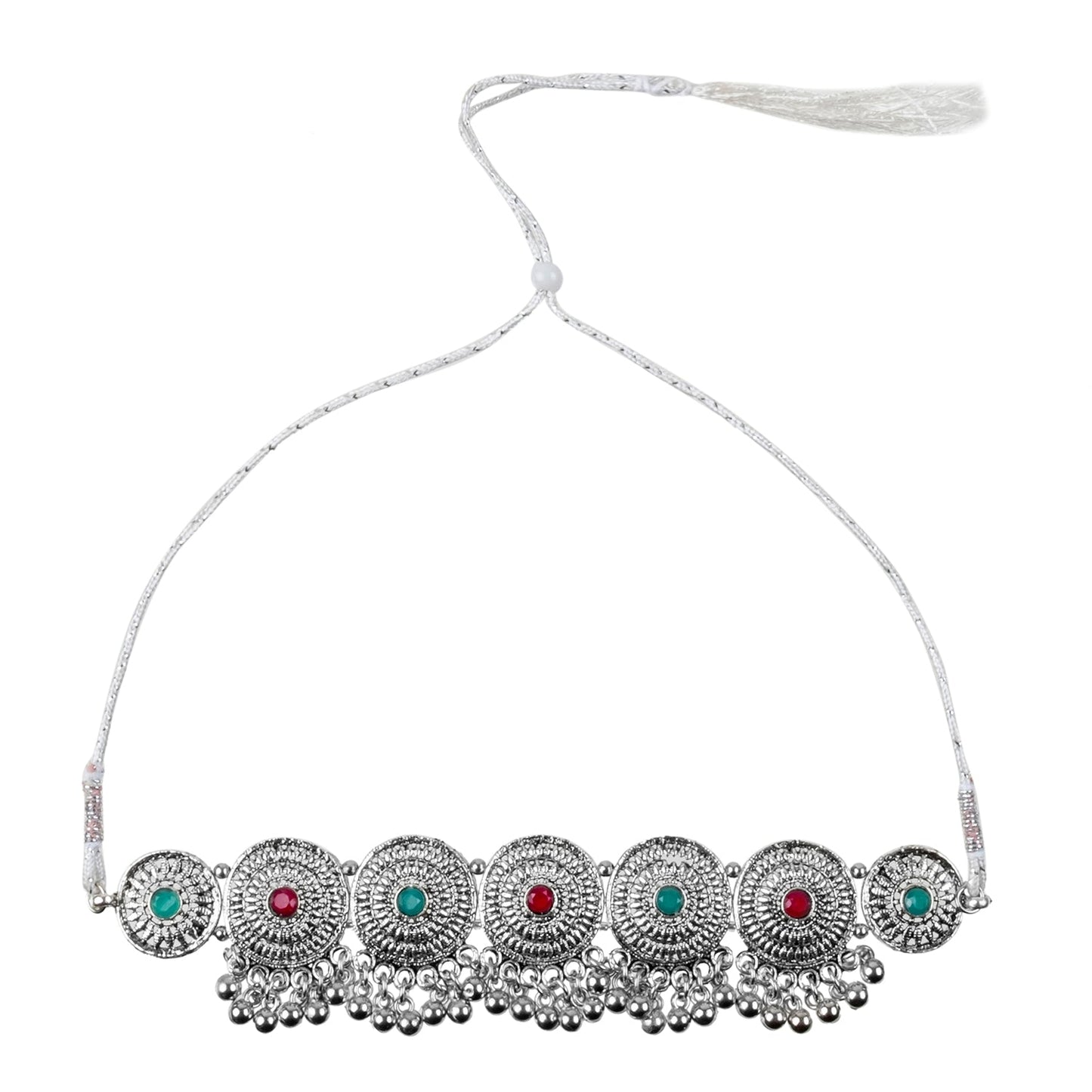 Silver Plated Oxidized Stylish Traditional Ethnic Choker Necklace Jewellery Set for Women (SJN_200_O)