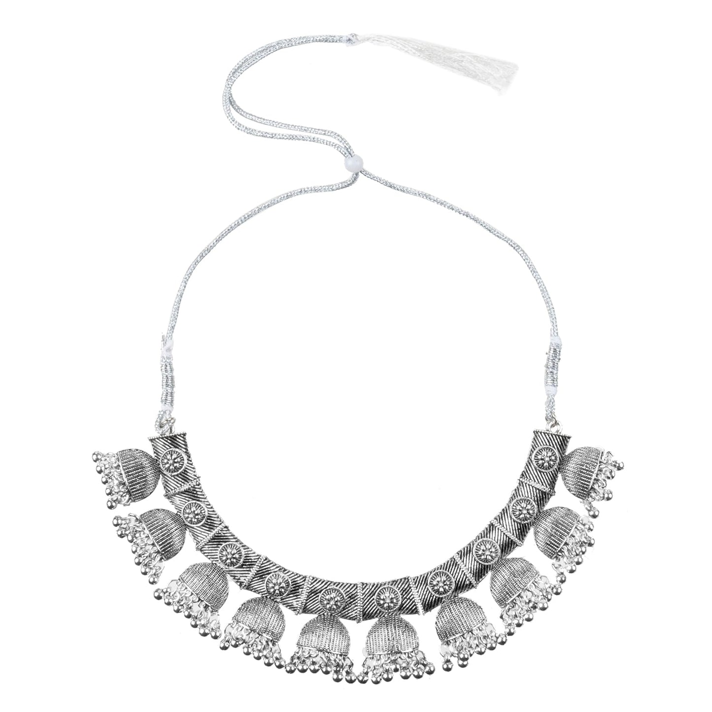 Antique Silver Plated Oxidised CZ Pearl Tribal Choker Necklace Set for Women (SJN_201)