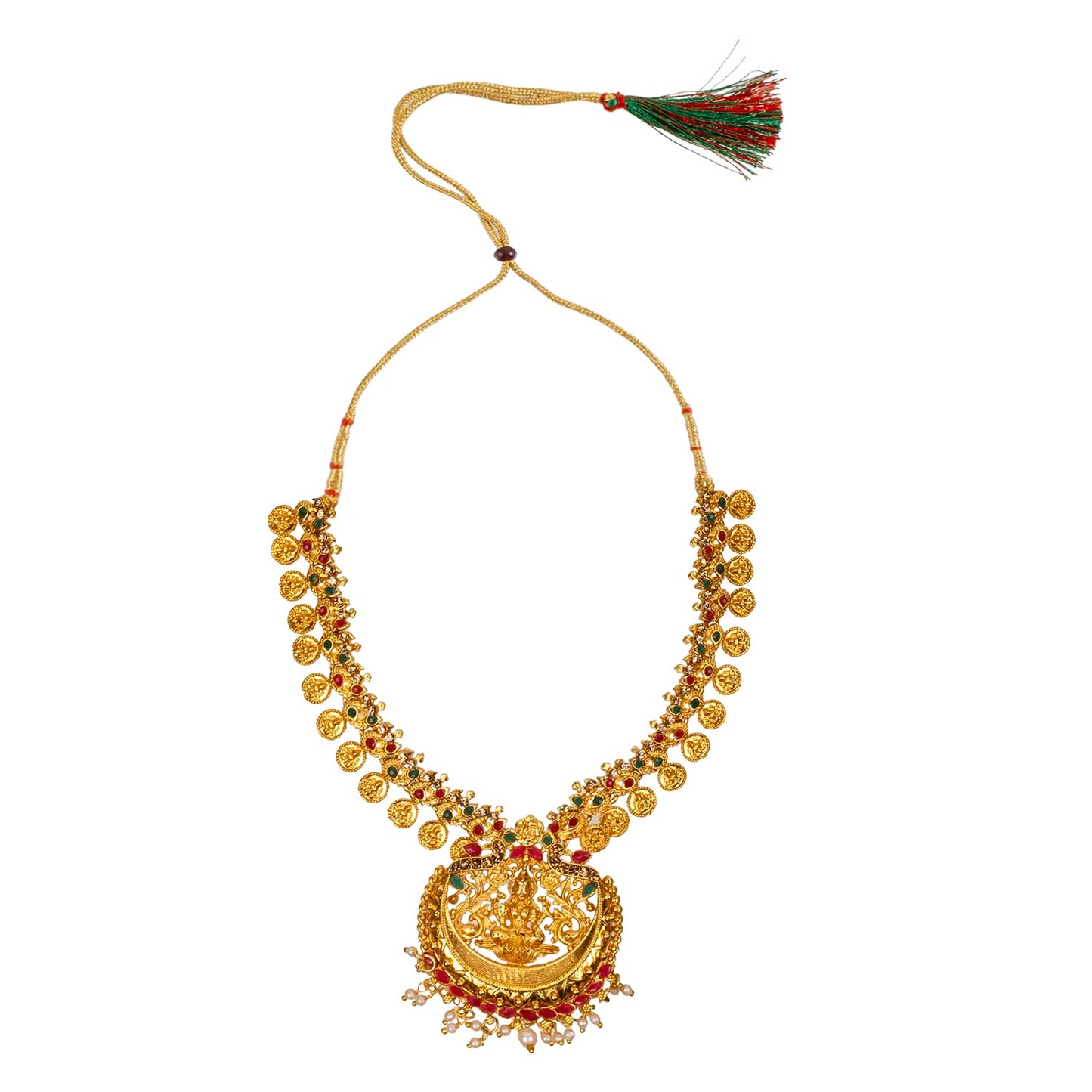 Handcrafted Antique Gold Plated Goddess Laxmi Kundan One Gram Haram Temple Jewellery Combo Bridal Dulhan Necklace Set With Matching Earring & Pearls For Women (SJN_203)