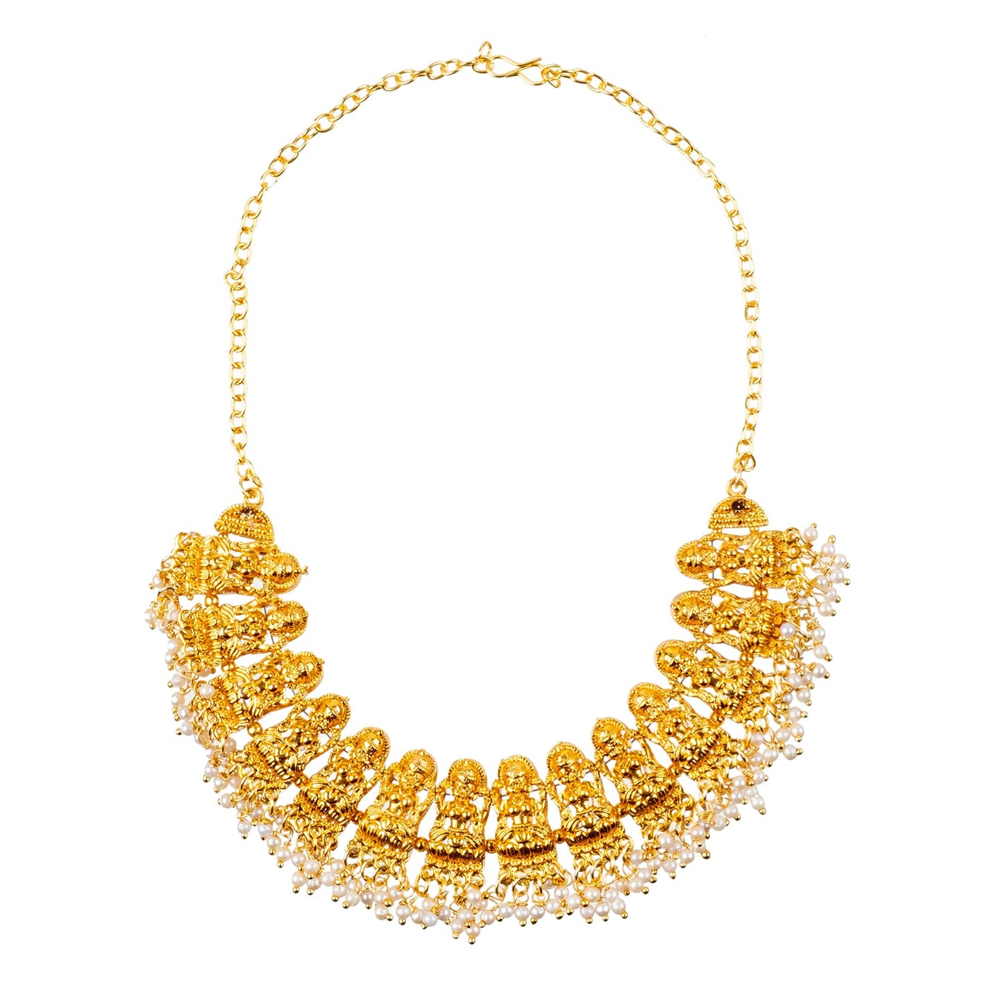 Handcrafted Antique Gold Plated Goddess Laxmi Design Jewellery Clustered Hanging Pearl Necklace With Matching Earring For Women (SJN_204)