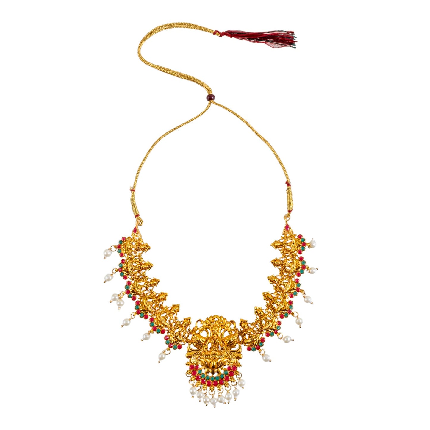 Handcrafted Antique Gold Plated Goddess Laxmi Design Kundan Jewellery Hanging Pearl Necklace With Matching Earring For Women (SJN_205)