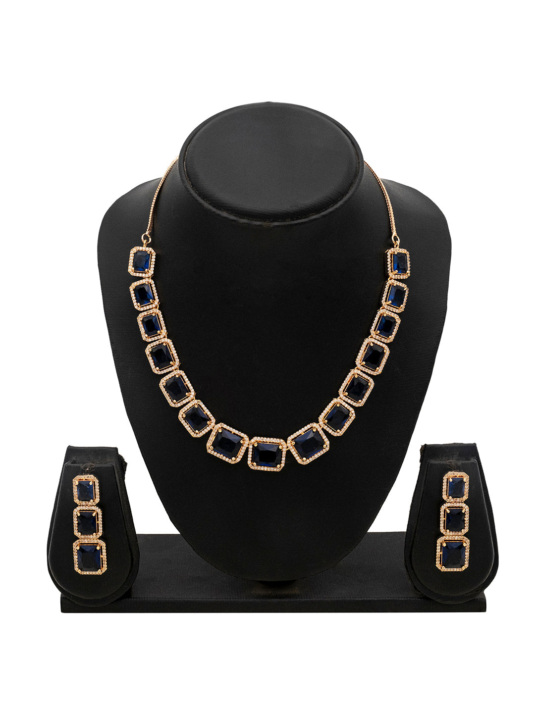 CZ Studded Rose Gold Plated Blue Stones & Crystals Cocktail Bridal Western Style Neklace Jewellery Set with Matching Earrings for Women (SJN_208_RG.BL)