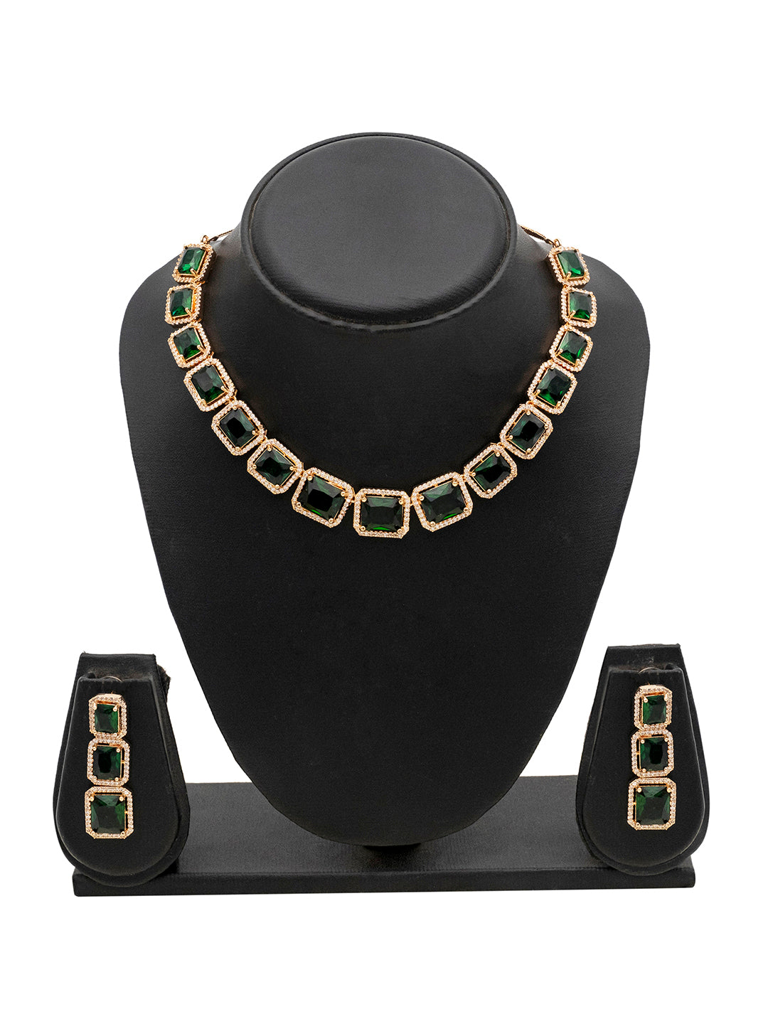 CZ Studded Rose Gold Plated Green Stones & Crystals Cocktail Bridal Western Style Neklace Jewellery Set with Matching Earrings for Women (SJN_208_RG.G)
