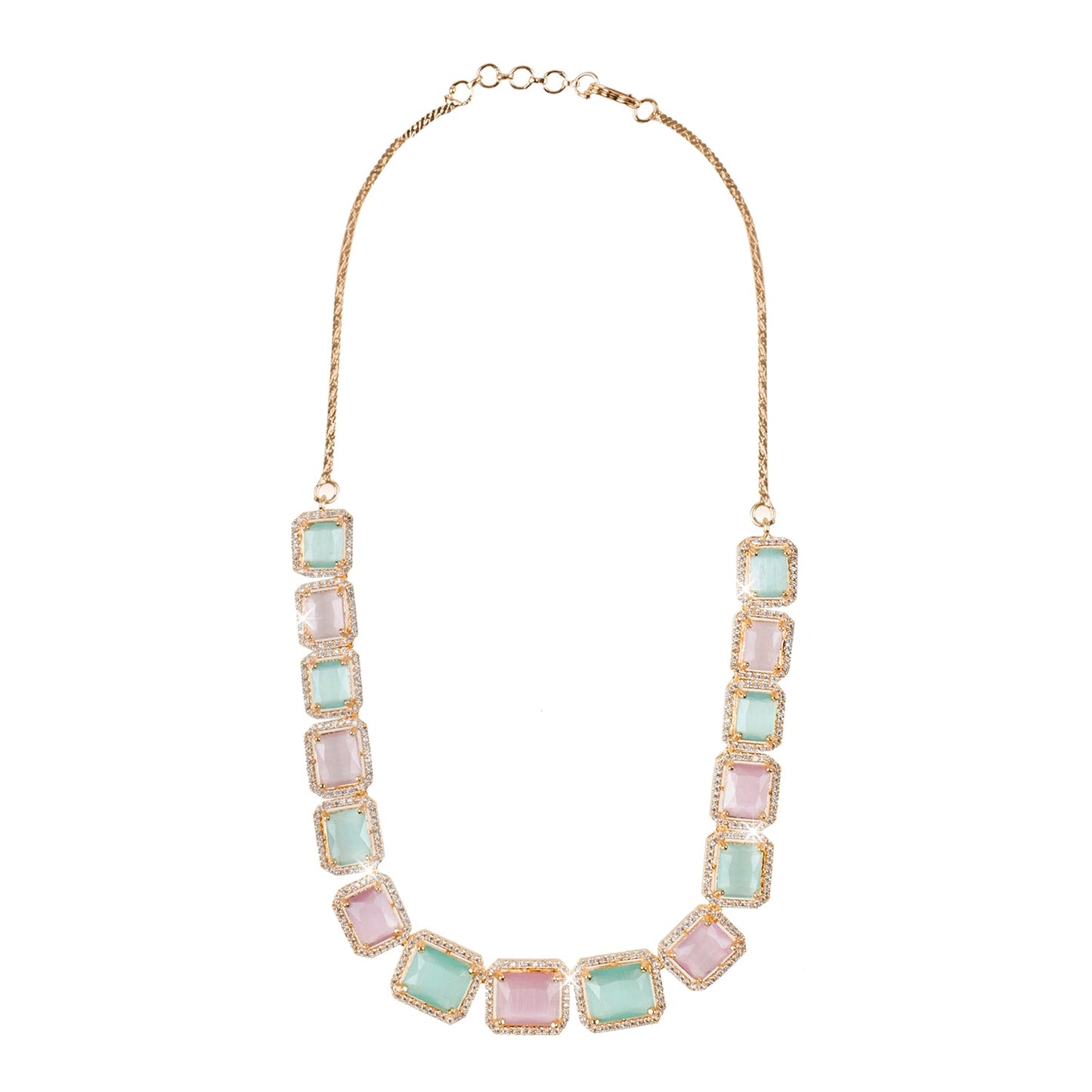 Rose Gold Plated Multicolor Stones & Crystals Dazzling Sleek Neklace Drop Earring Set For Women (SJN_208_RG_MT)