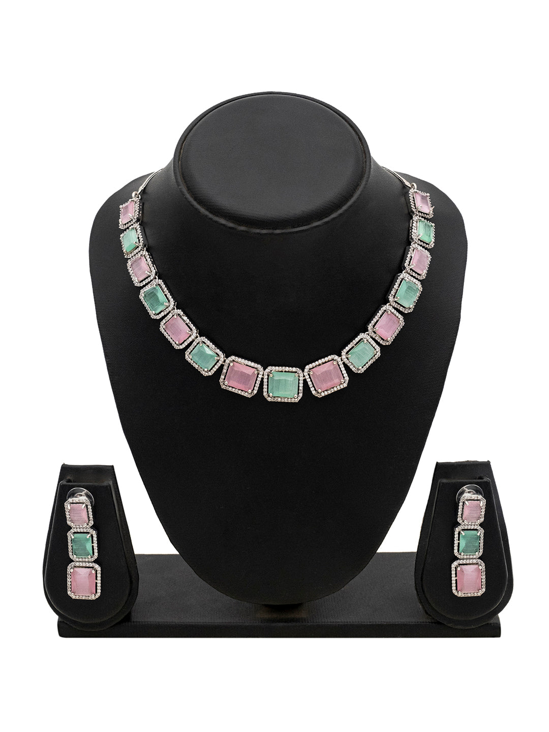 Silver Plated Multicolor Stones & Crystals Dazzling Sleek Neklace Drop Earring Set For Women (SJN_208_S_MT)