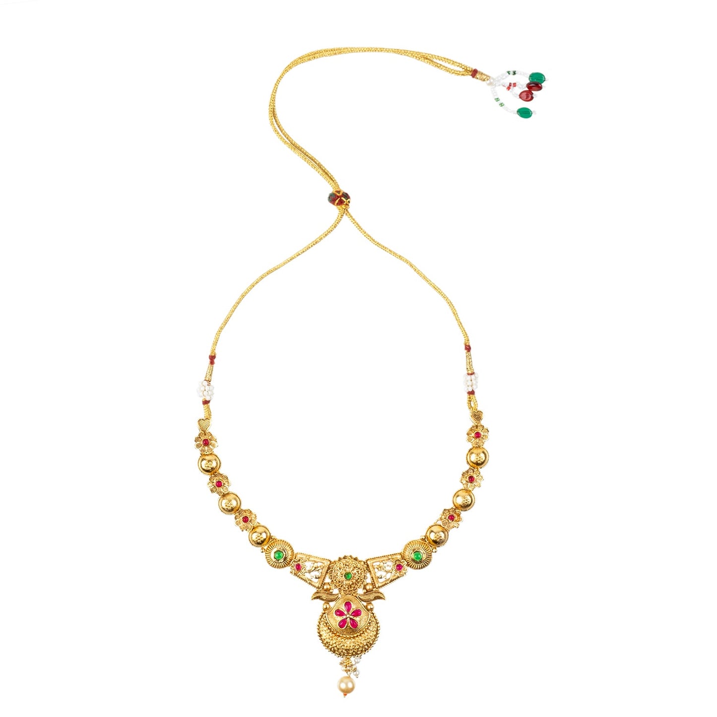 Handcrafted Gold Plated Kundan,CZ, Studded Temple Forming Gold Haram Necklace with Matching Earrings Jewellery/Jewelry Set for Women (SJN_209)