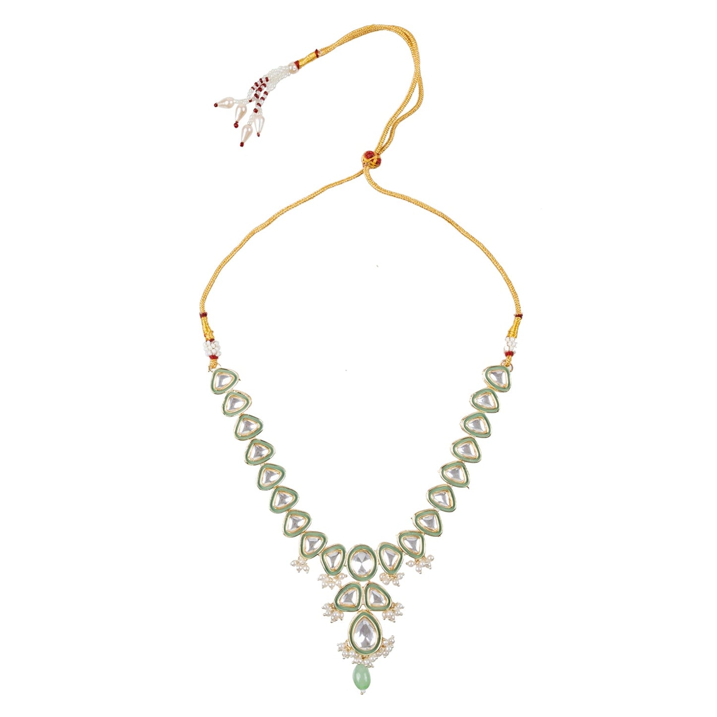 Gold Plated Traditional Indian Pure Copper Kundan, Pearls and CZ studded Adjustable Dori Necklace Earrings Set For Women (SJN_215_AQ)