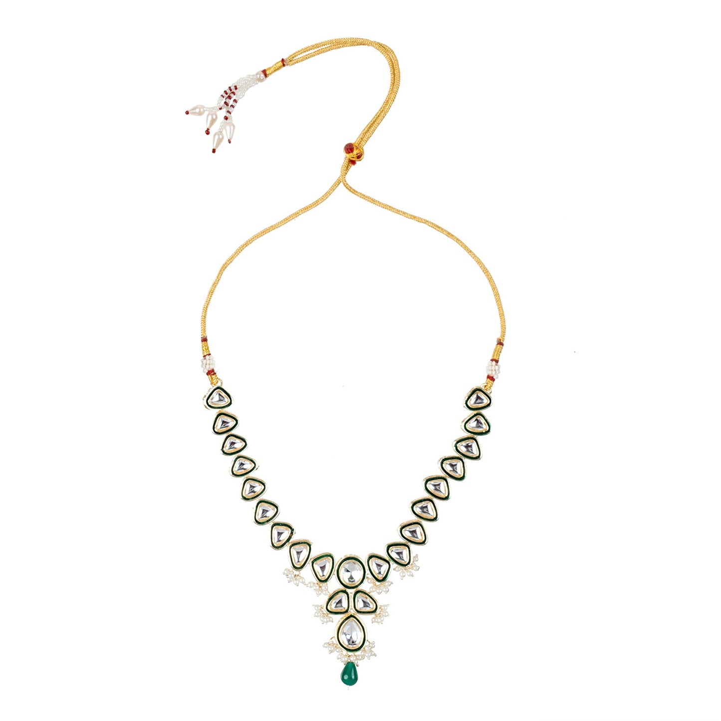 Gold Plated Traditional Indian Pure Copper Kundan, Pearls and CZ studded Adjustable Dori Necklace Earrings Set For Women (SJN_215_G)