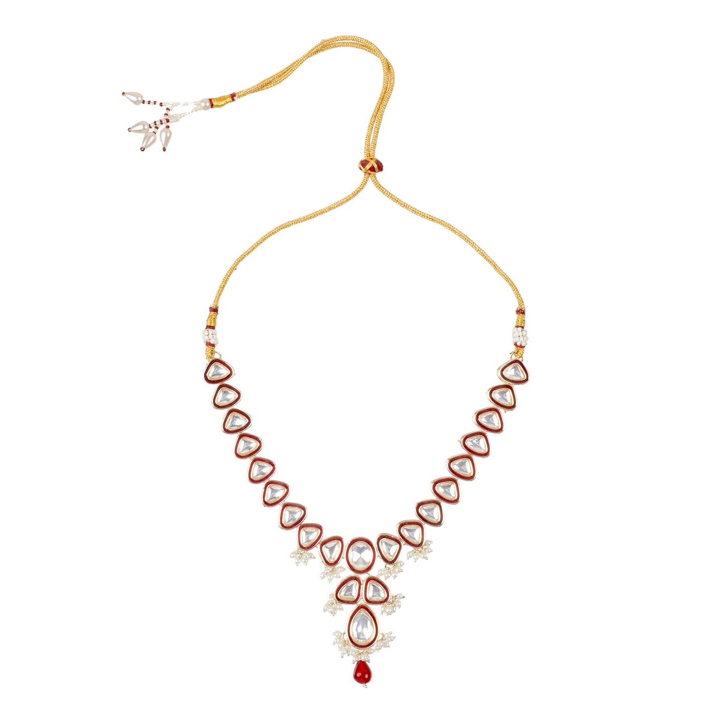 Gold Plated Traditional Indian Pure Copper Kundan, Pearls and CZ studded Adjustable Dori Necklace Earrings Set For Women (SJN_215_M)