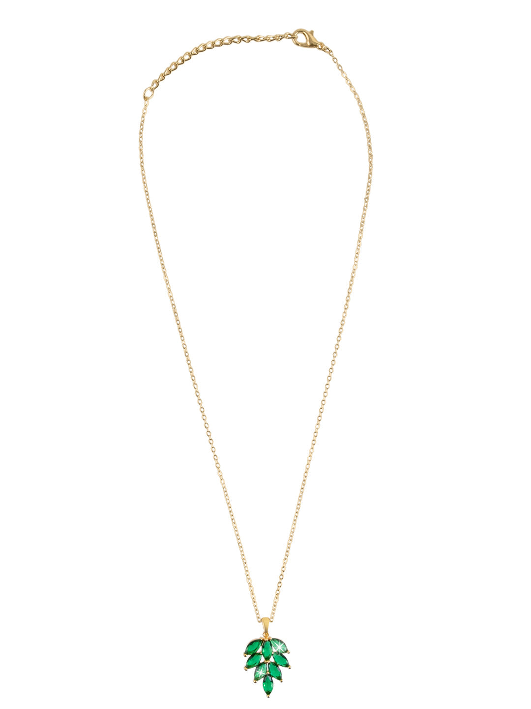 CZ and Crystal Studded Daily wear Western Style Leaf Design Gold Plated Pendant Necklace Chain for women- Dark Green (SJN_217_L)