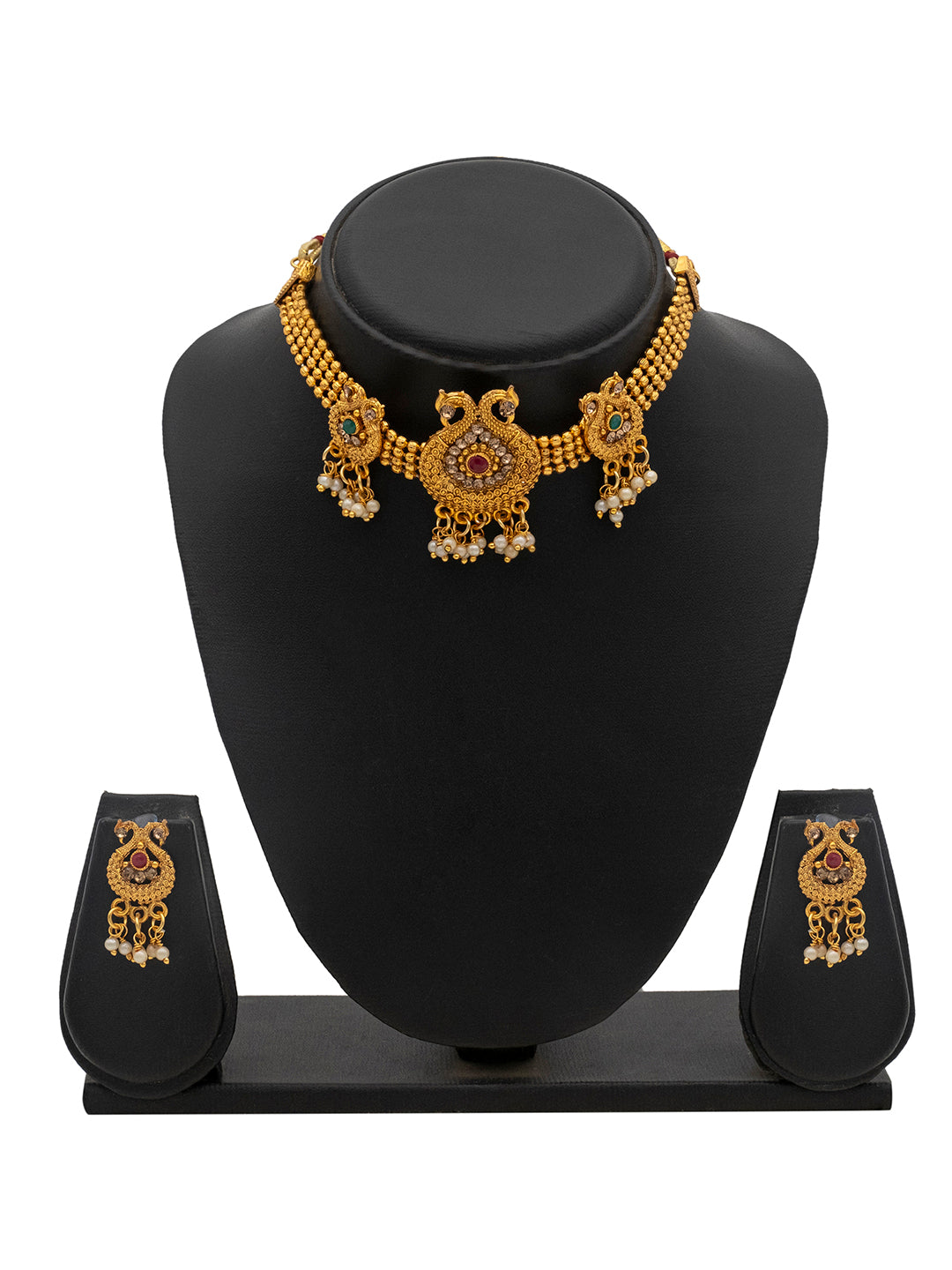 Antique Gold Plated Temple Jewellery Necklace with Matching Earring Jewellry/Jewelry For Women (SJN_230)