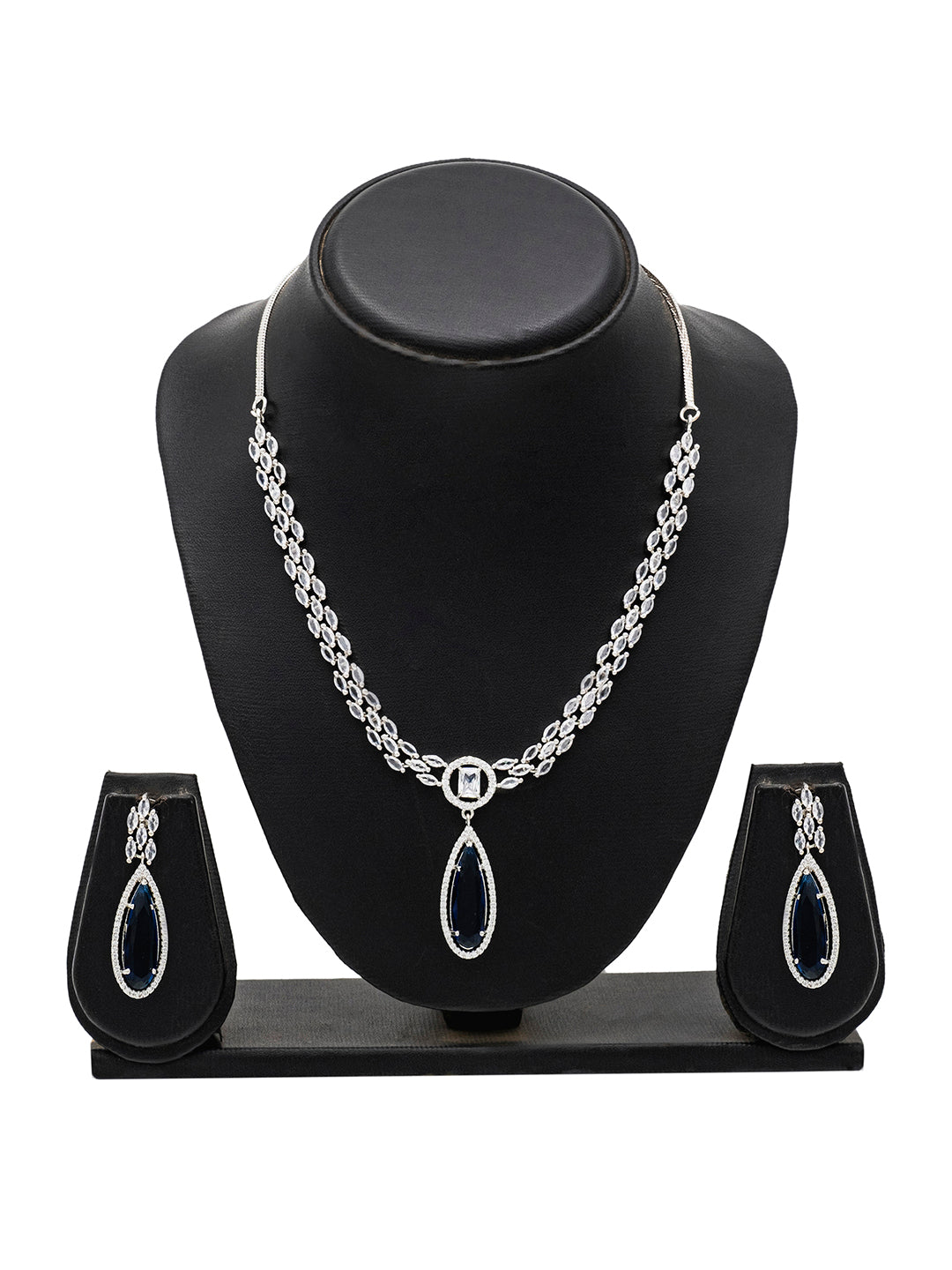 Silver Plated Blue Stones Neklace Set with Matching Earrings for Women (SJN_233_BL)