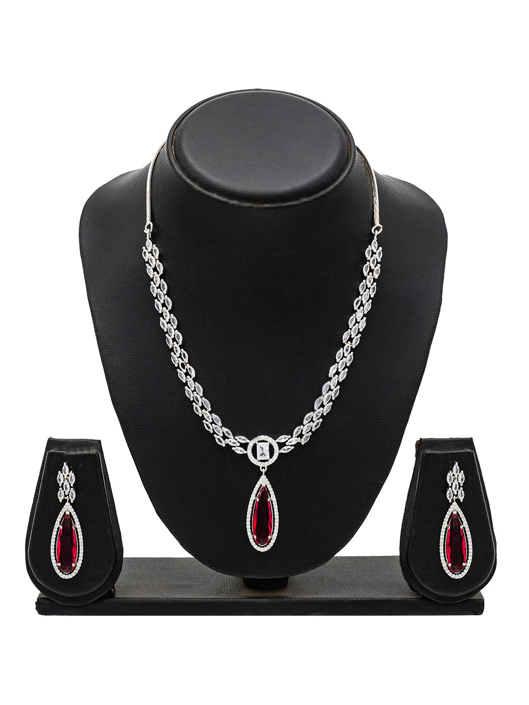 Silver Plated Pink Stone Neklace Set with Matching Earring for Women (SJN_233_P)