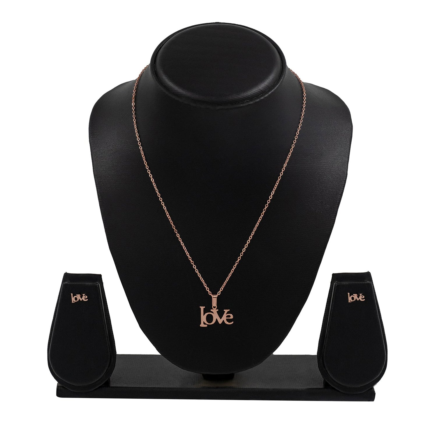 Rose Gold Plated Stainless Steel Valentine Love Pendant Locket Necklace Set For Women With Matching Earrings (SJN_243_RG)