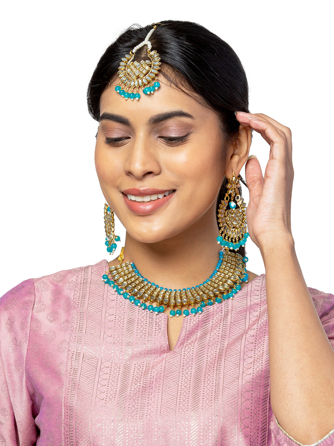 Shining Jewel Gold Plated Kundan Pearl Choker Bridal Necklace Combo Jewellery Set with Tikka and Earrings for Women (SJN_28_BL)