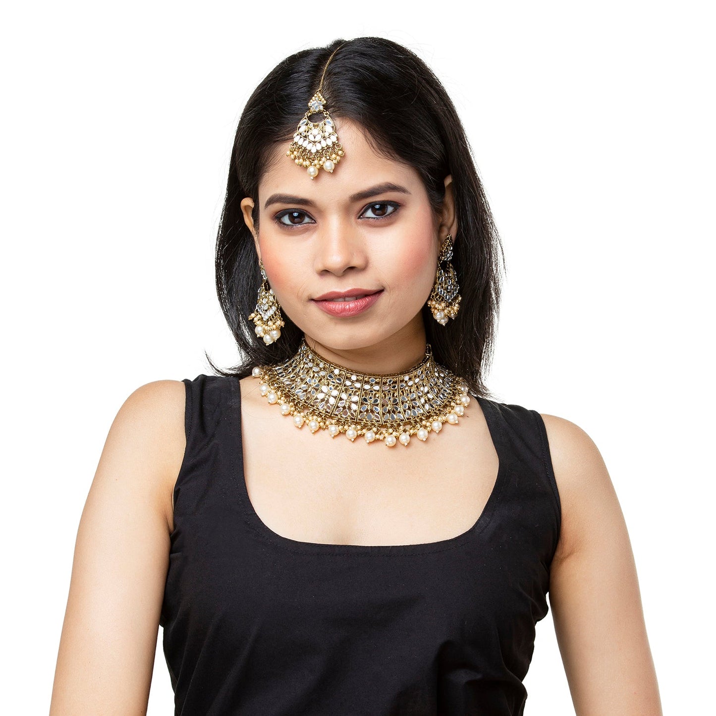 Shining Jewel Antique Gold Plated Traditional Kundan Studded Multi Color Pearl Choker Necklace with Maang Tikka Set Ethnic Fashion Jewelry for Women (SJN_36 MT)