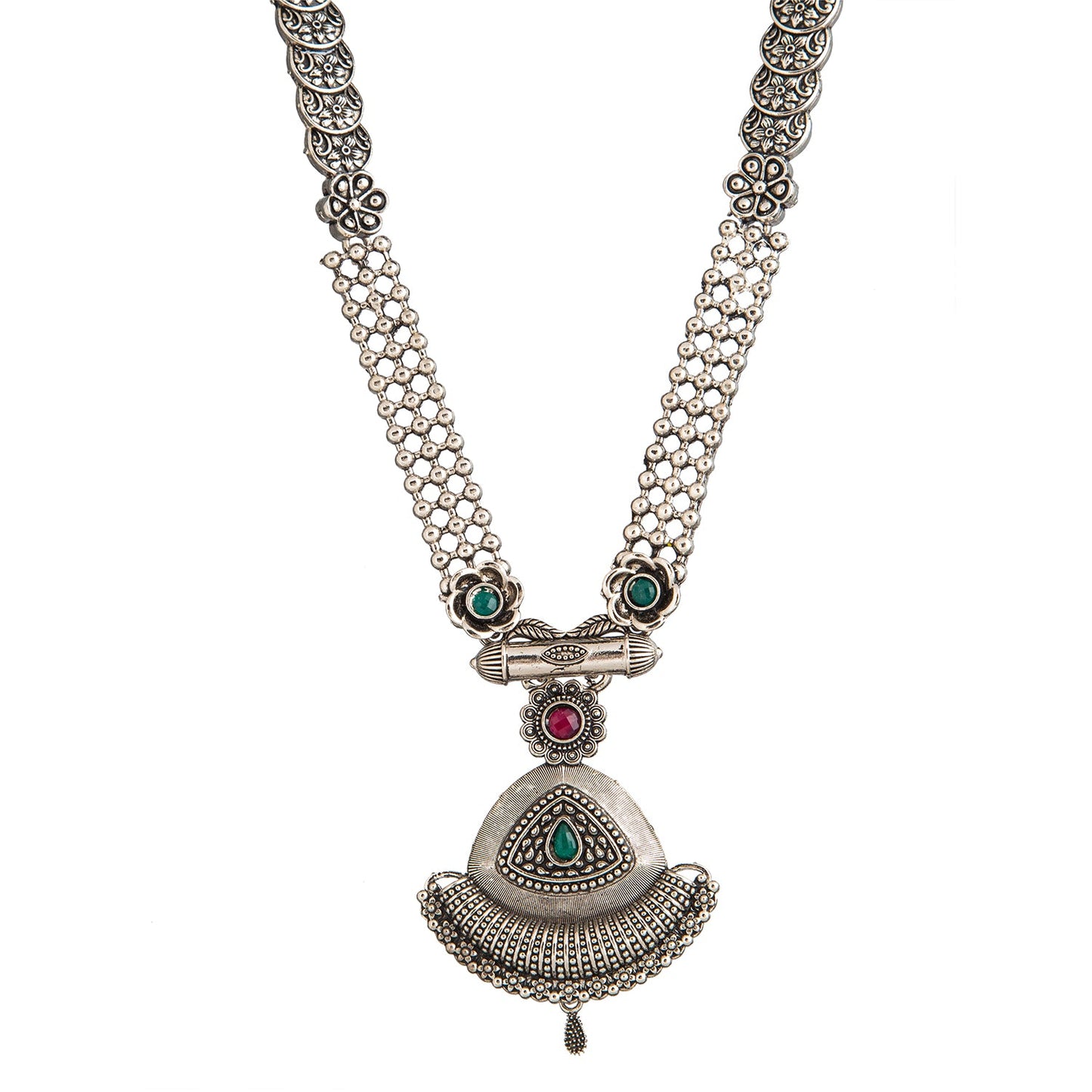 Shining Jewel Traditional Antique Silver Plated Temple Jewellery Traditional Long Bridal Jewellery Necklace Set for Women (SJN_40)