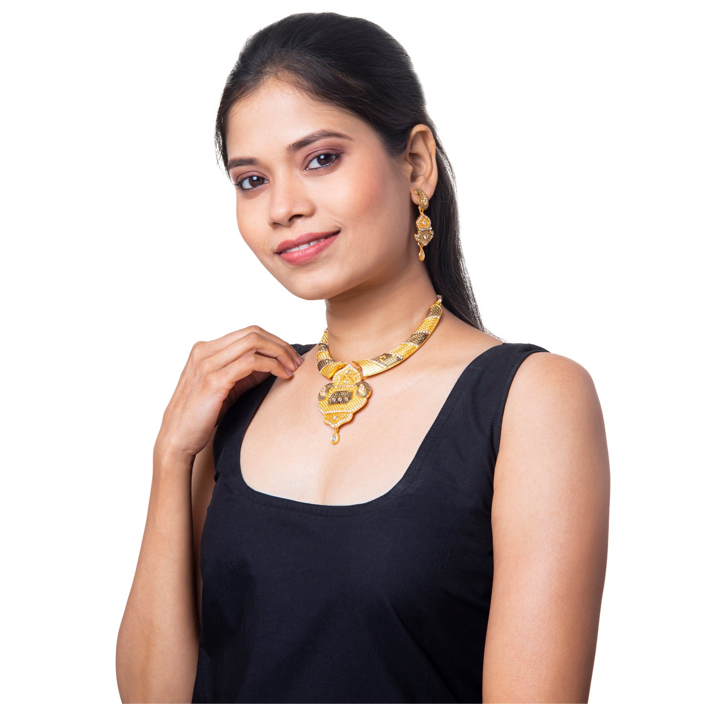 Traditional Gold Dual tone Kundan Polki Jewellery Necklace Set with earrings for Women SJN_46