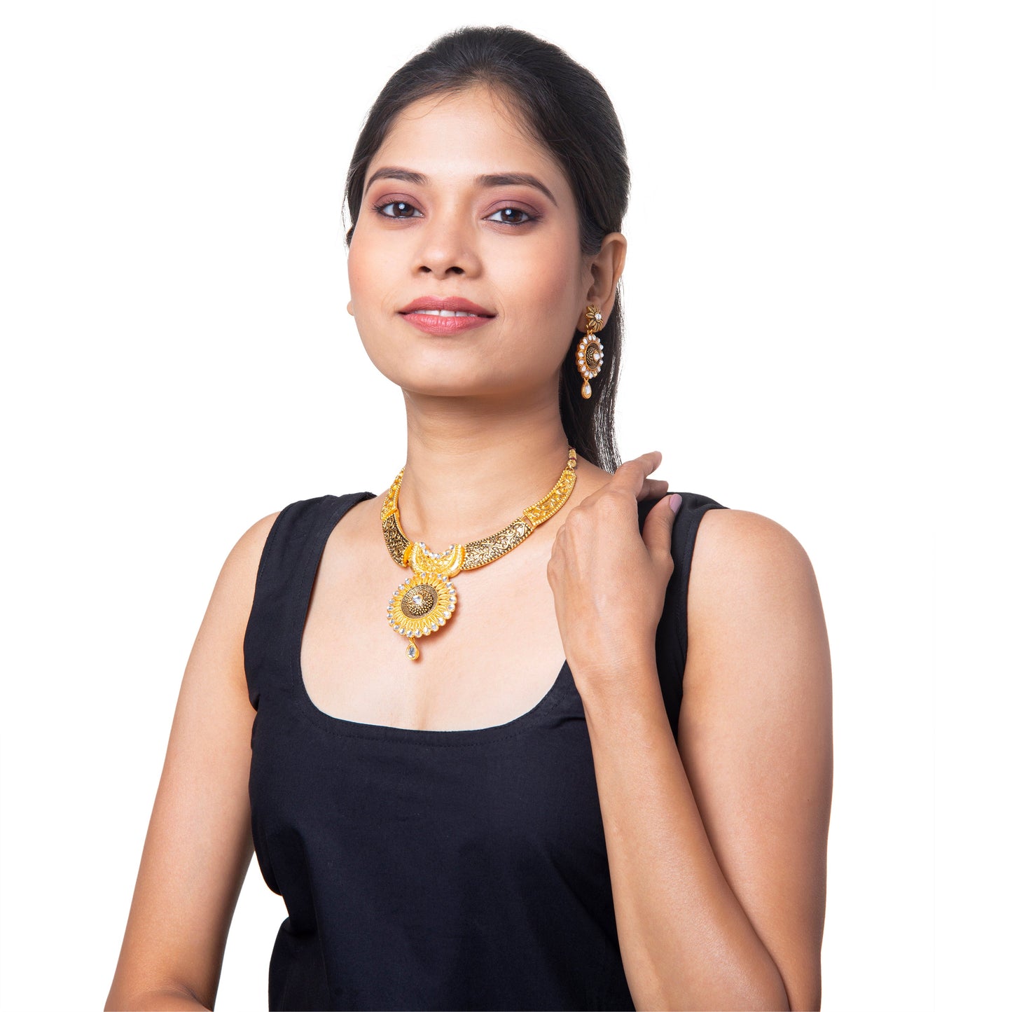 Flower DesignTraditional Gold Dual tone Kundan Polki Jewellery Necklace Set with earrings for Women SJN_48