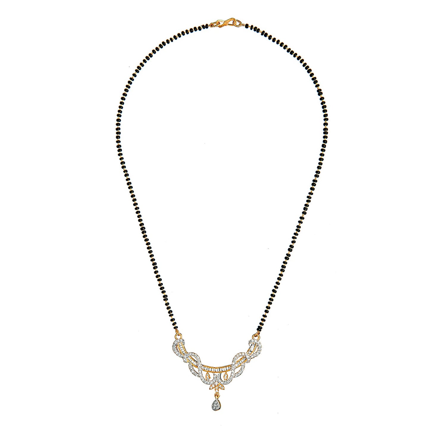 Shining Jewel Gold Plated Solitaire, CZ, Crystal & AD Studded Pendant with Black Bead Mangalsutra Necklace Jewellery Pendant Set with Earrings (SJN_66)