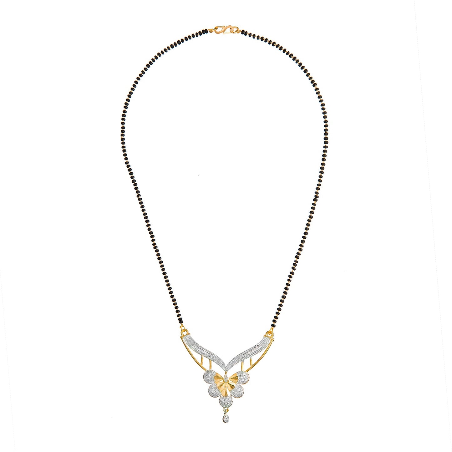 Shining Jewel Gold Plated Solitaire, CZ, Crystal & AD Studded Pendant with Black Bead Mangalsutra Necklace Jewellery Pendant Set with Earrings (SJN_67)