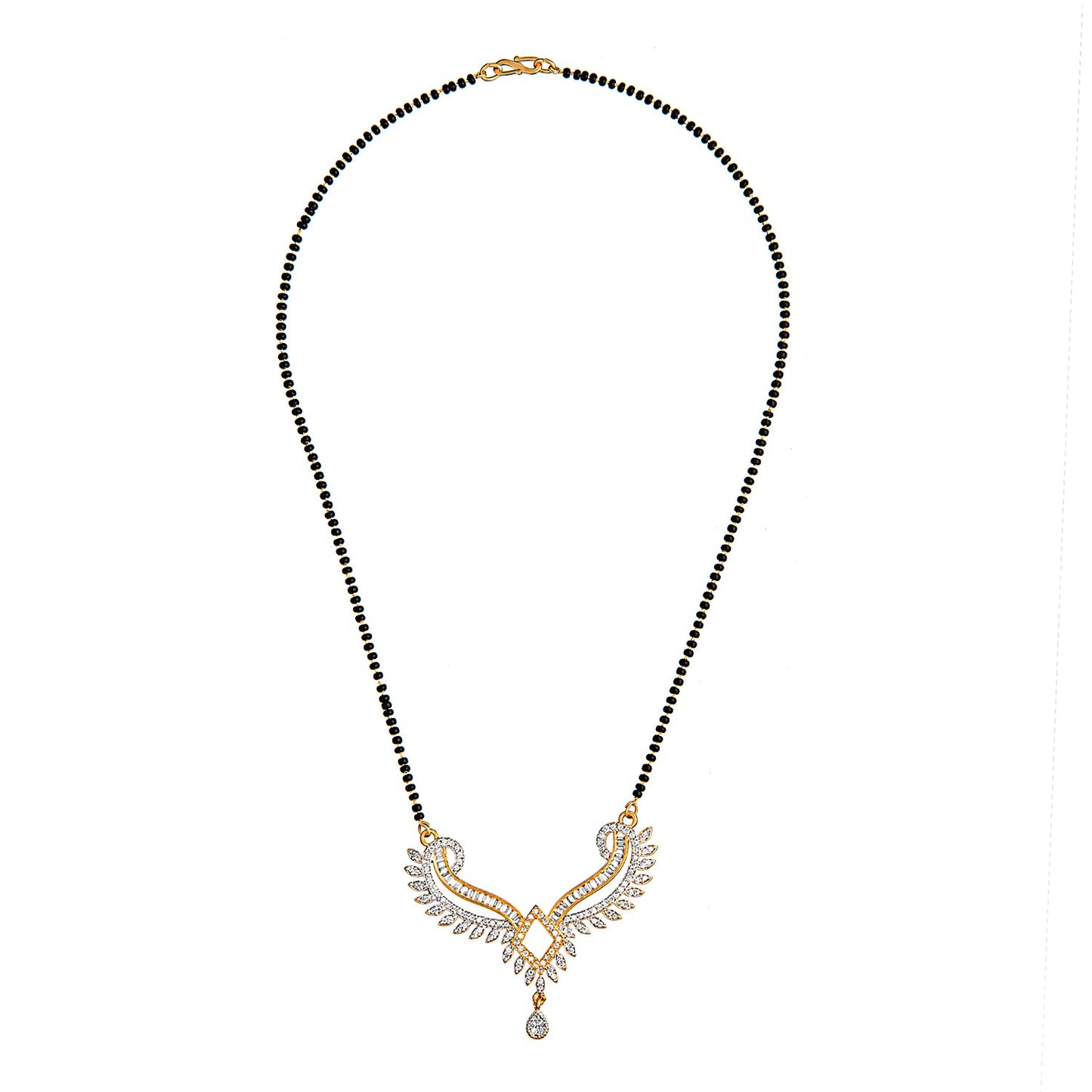 Shining Jewel Gold Plated Solitaire, CZ, Crystal & AD Studded Pendant with Black Bead Mangalsutra Necklace Jewellery Pendant Set with Earrings (SJN_68)