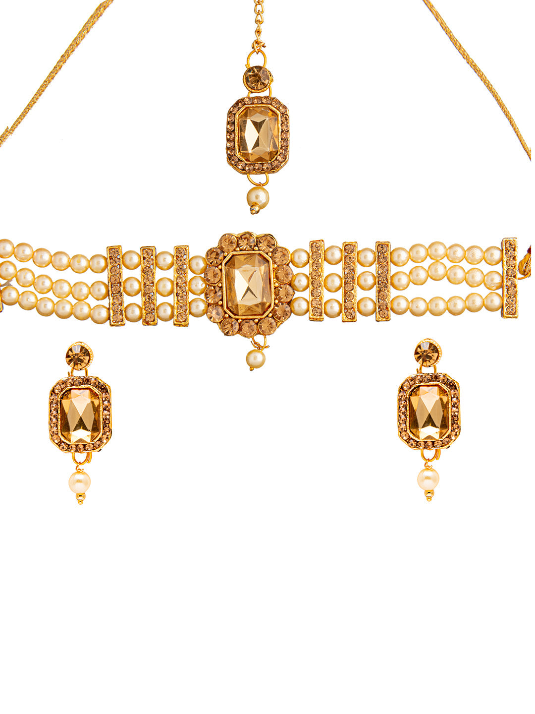 Shining Jewel Traditional Multistrand White Beads Kundan, LCT Stone Studded Pearl Choker Necklace With Earrings & Maang Tikka For Women (SJN_73 O)