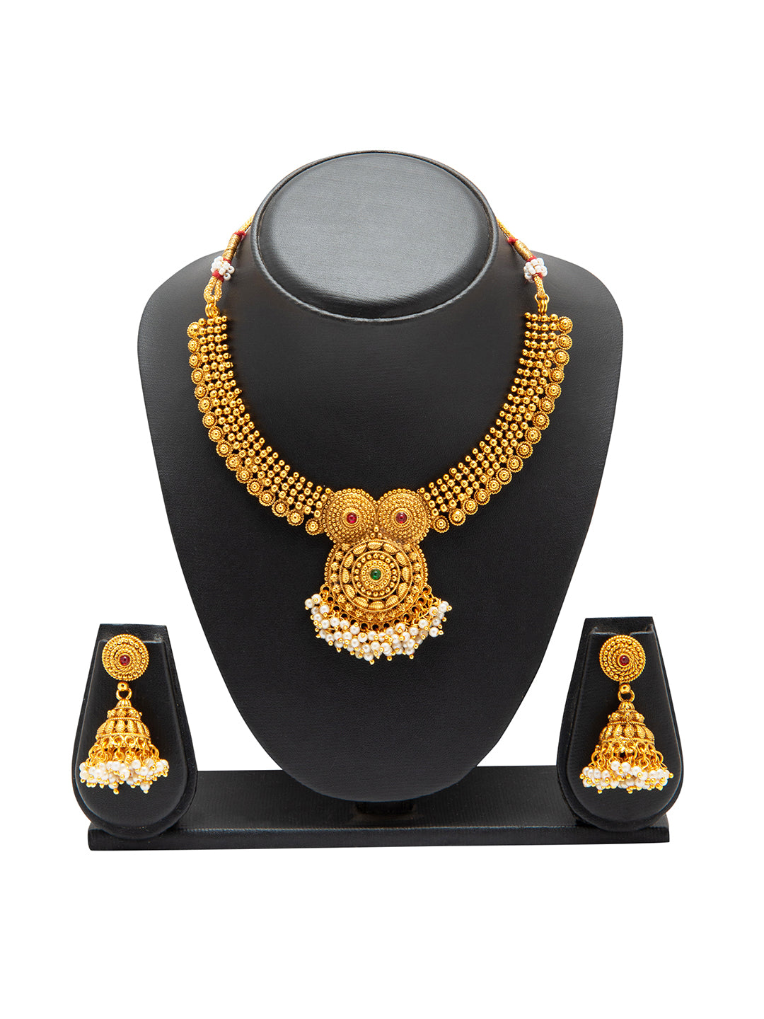 Shining Jewel Traditional Handcrafted Antique Gold Jewellery Clustered Hanging Pearls Necklace Set with Jhumki Earrings for Women & Girls (SJN_77)