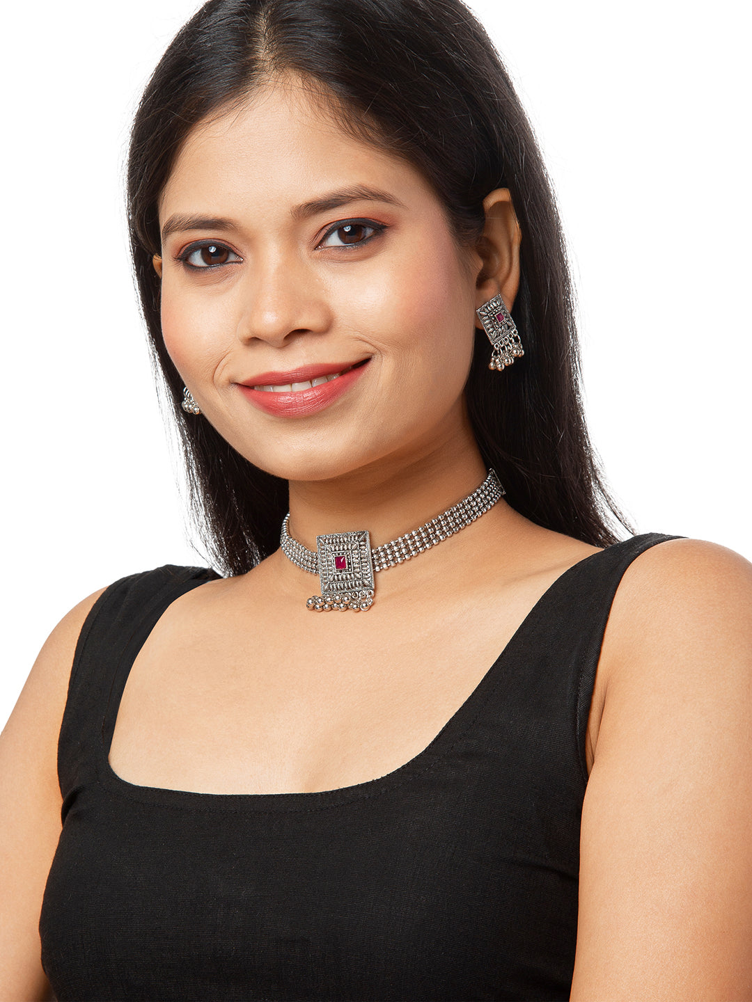 Shining Jewel Silver Plated Oxidized Stylish Traditional Ethnic Choker Necklace Jewellery Set for Women (SJN_99_S)