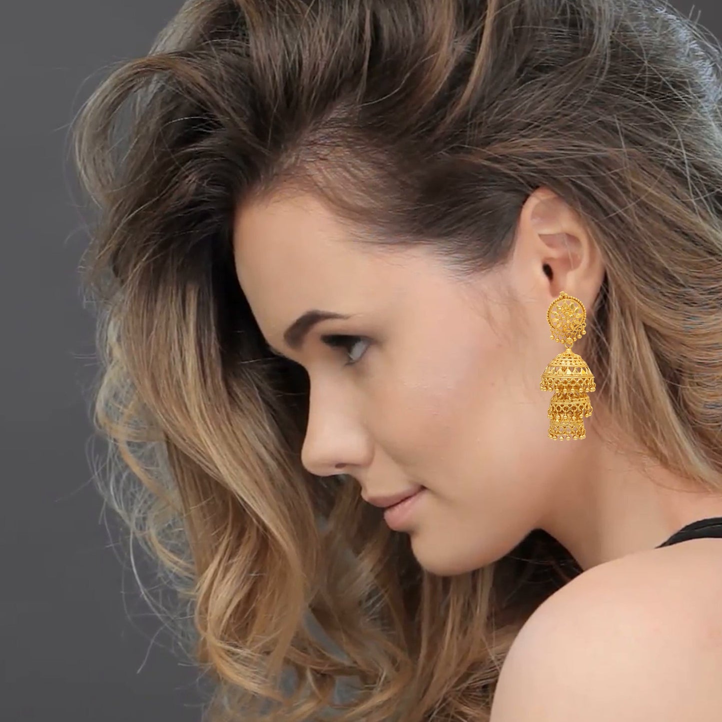 24K Gold Plated Triple Layered Chandelier Jhumkas for Women (SJ_1107)
