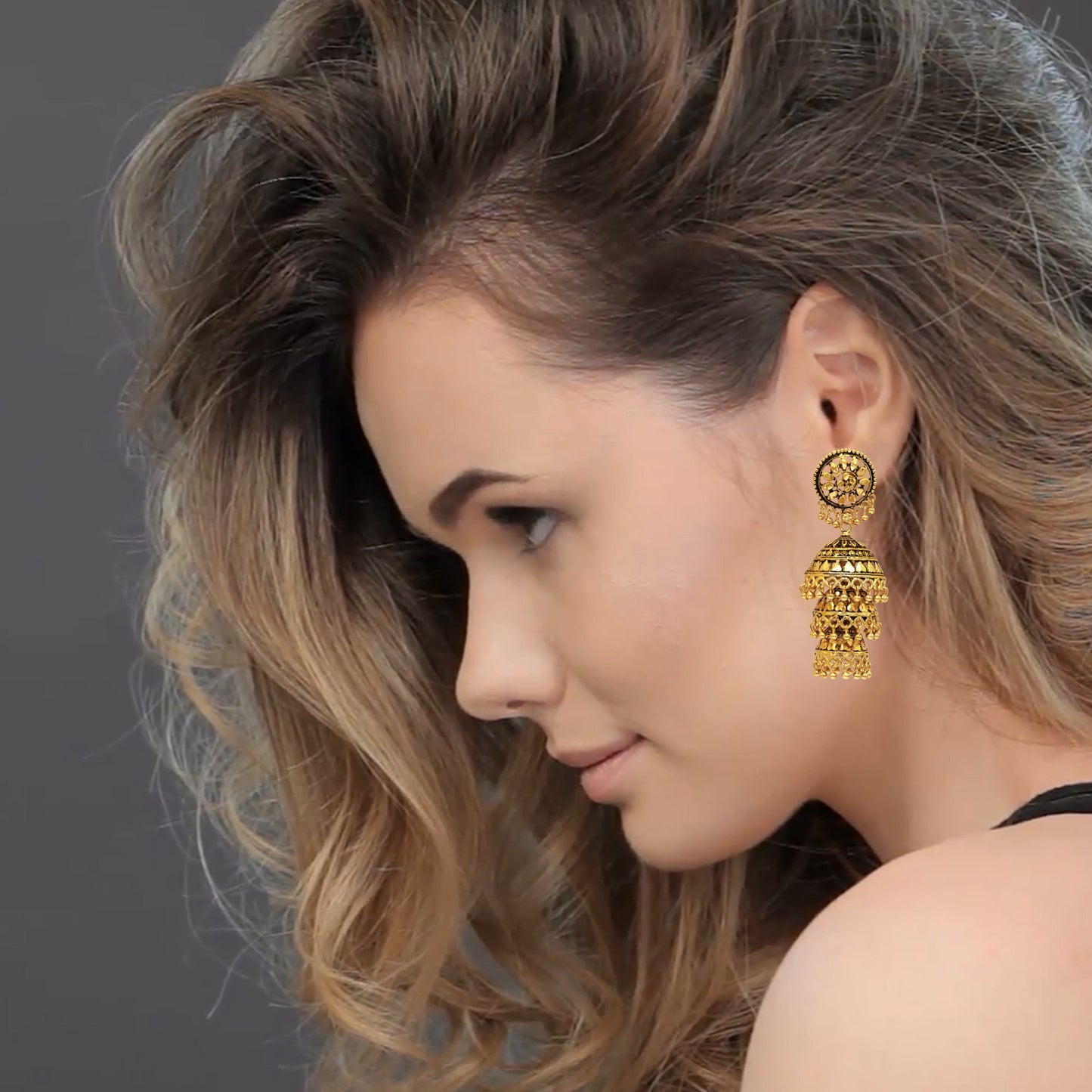 18K Antique Gold Plated Triple Layered Chandelier Jhumkas for Women (SJ_1108)