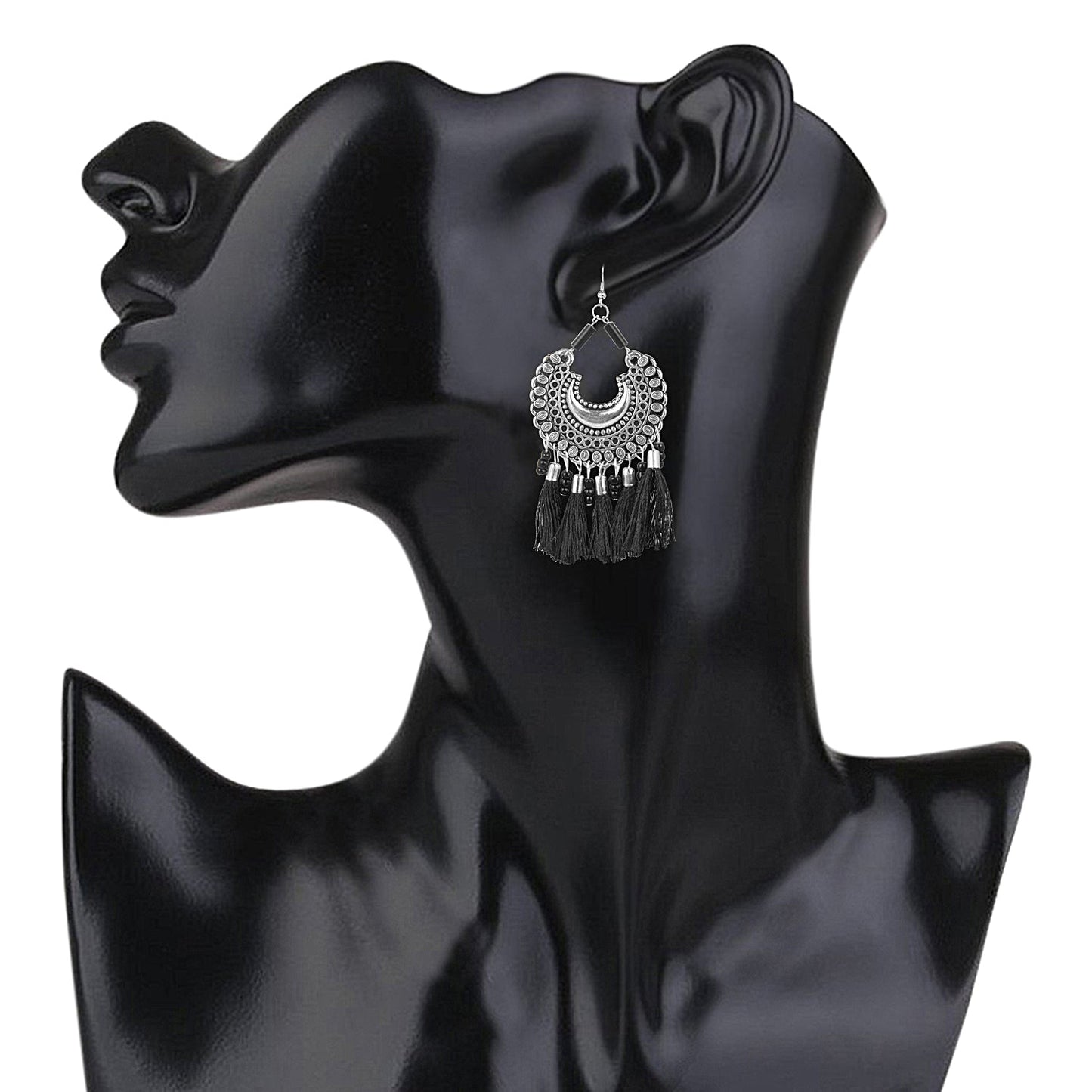 Oxidised Silver Afghani Chandbali Earrings with Tassels for Women and Girls (SJ_1140)