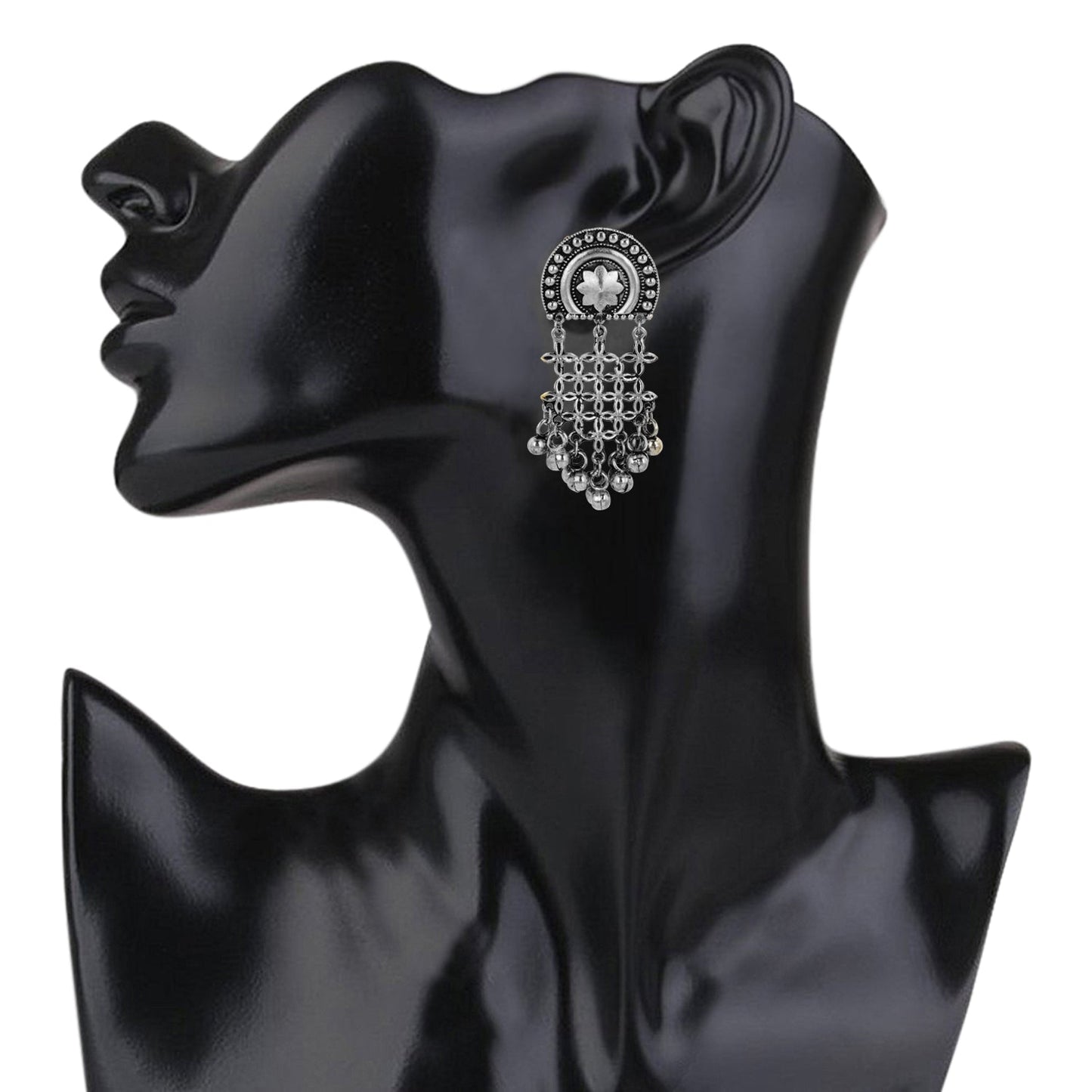 925 Antique Silver Stylish Oxidised Afghani Chandbali Earrings (SJ_1321)