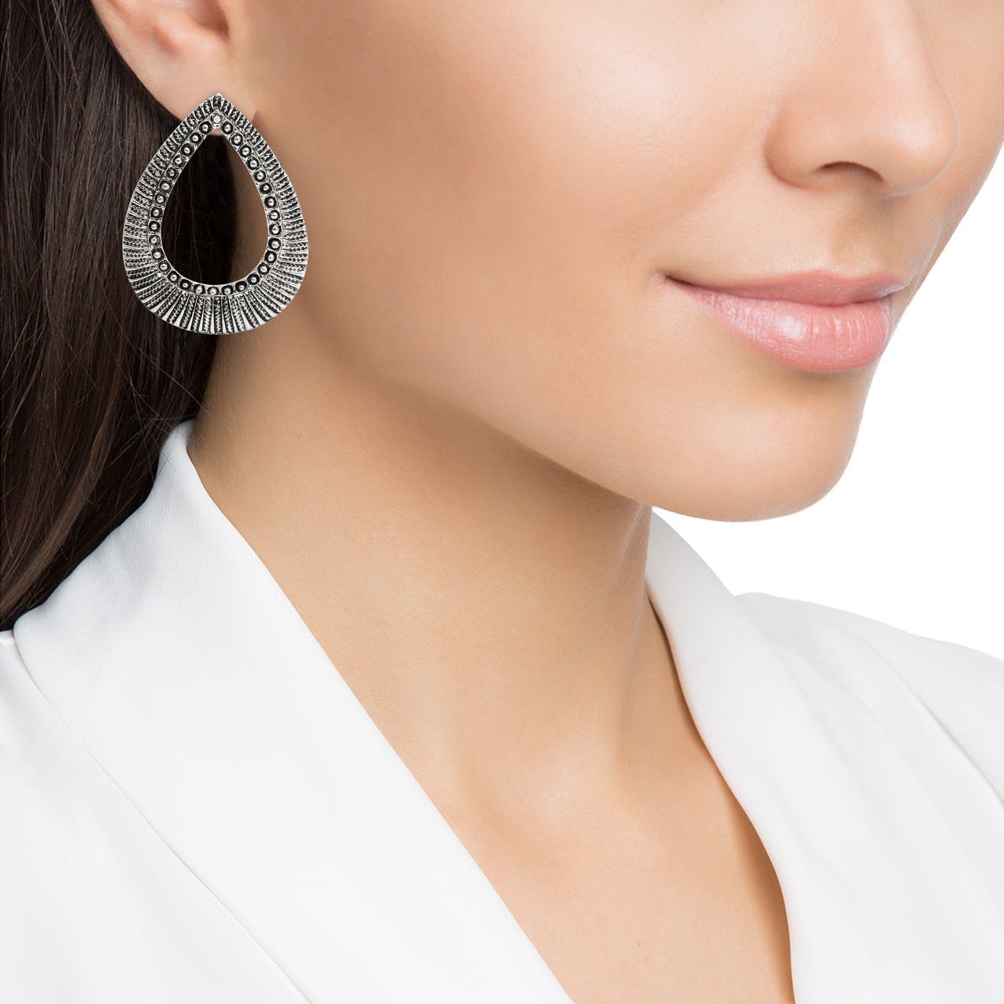 Oxidised Antique Silver Stylish Oxidised Afghani Stud Hoop Earrings For Women (SJ_1489)