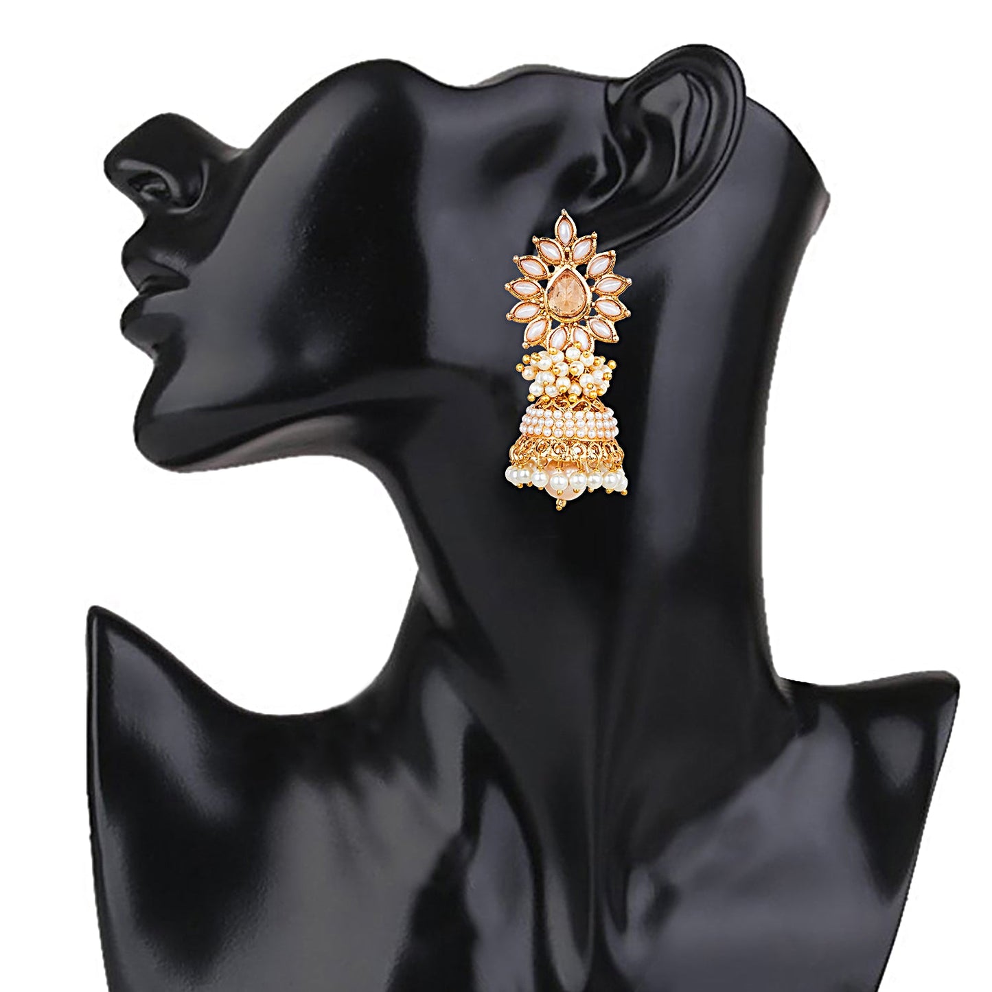 24K Gold Plated Traditional Designer Ethnic Jhumka With CZ, LCT Crystals,Kundan & Pearls Earrings for Women (SJ_1557)
