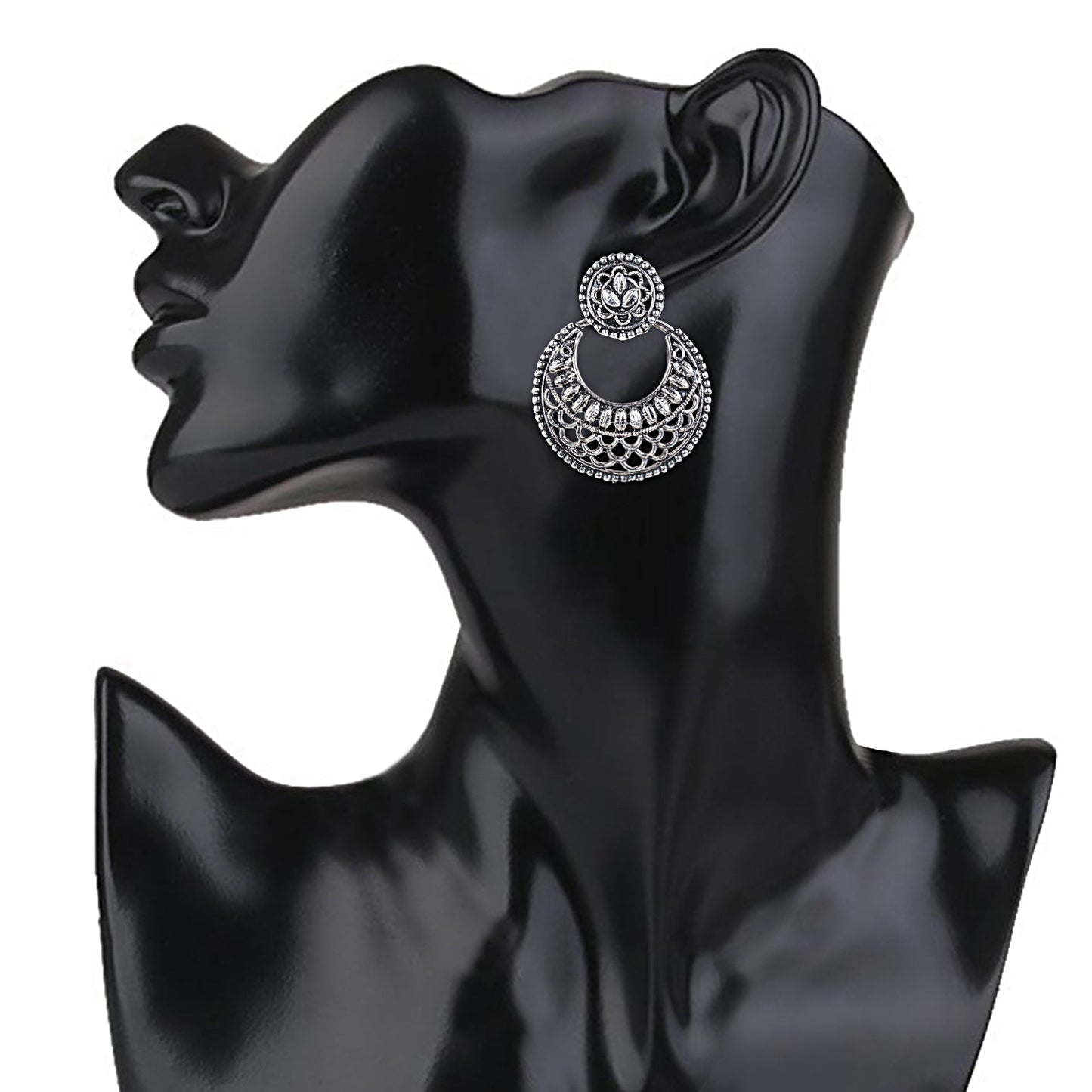 Antique Silver Oxidised Stylish Designer Afghani Chandbali Earrings for Women (SJ_1580)