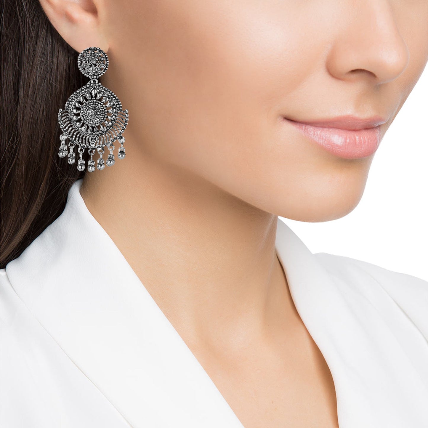 Antique German Silver Designer and Stylish Afghani Oxidised Chandbali Dangle Drop Earrings for Women (SJ_1672)