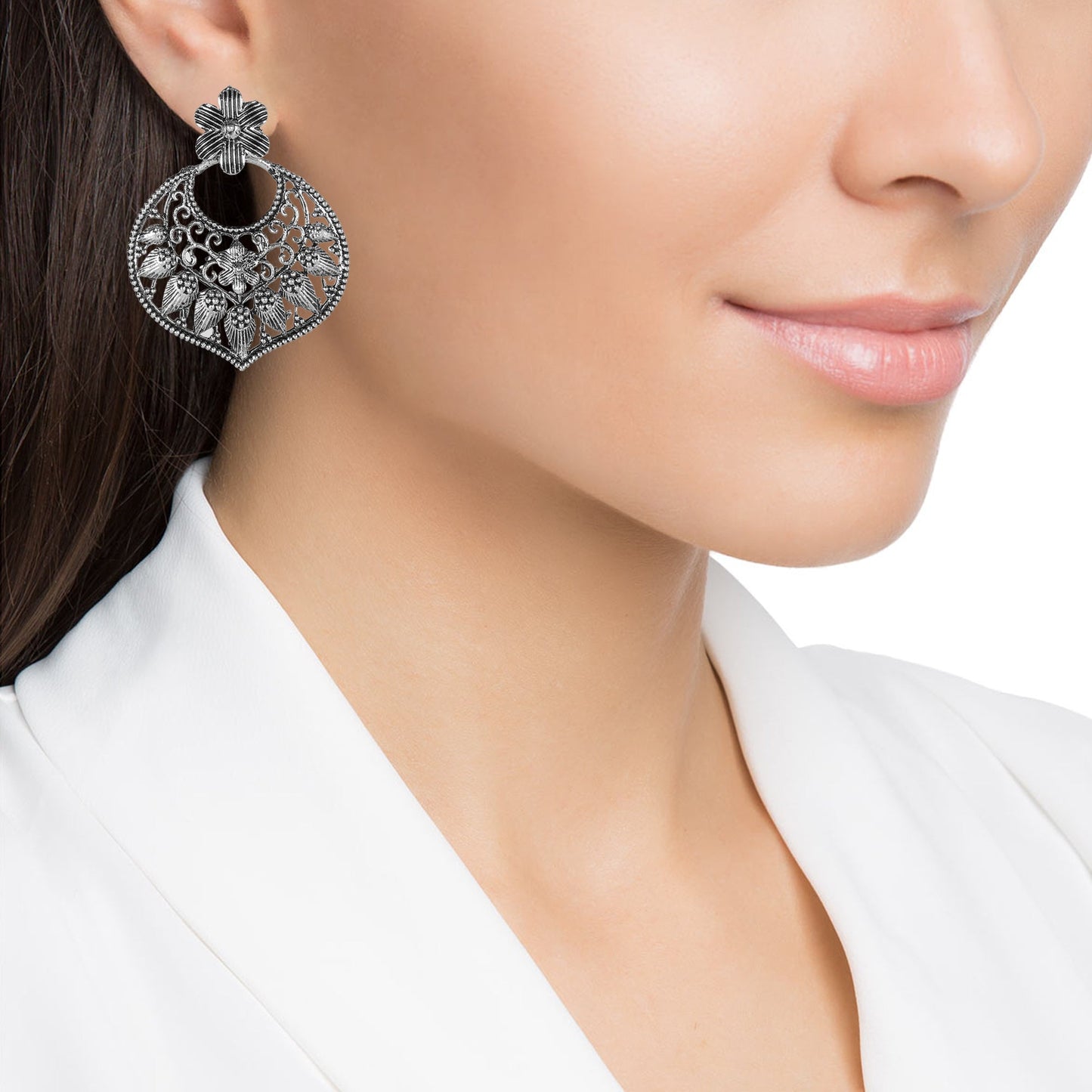 Antique German Silver Designer and Stylish Afghani Oxidised Chandbali Jhumka Dangle Drop Earrings for Women (SJ_1682)