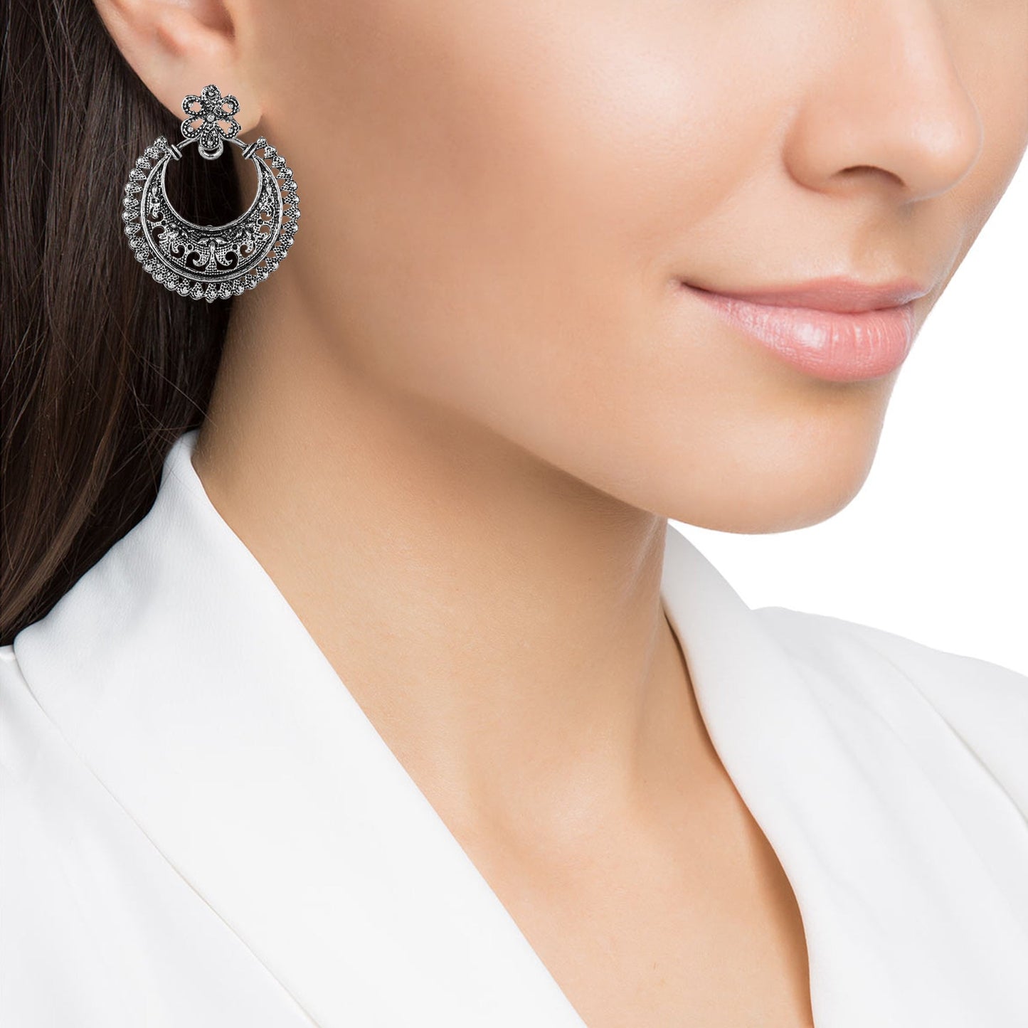 Antique German Silver Designer and Stylish Afghani Oxidised Chandbali Jhumka Dangle Drop Earrings for Women (SJ_1683)