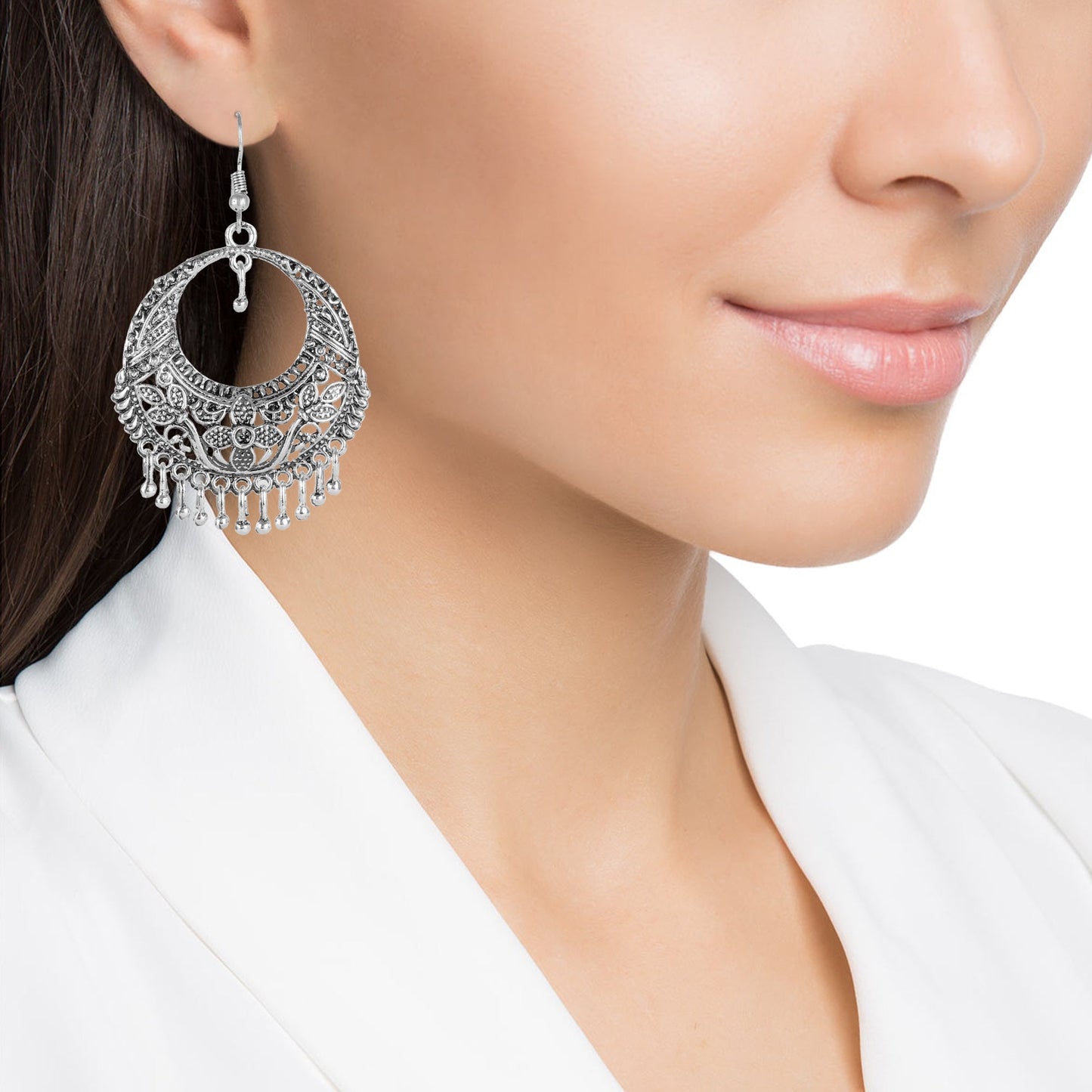 Antique German Silver Designer and Stylish Afghani Oxidised Chandbali Jhumka Dangle Drop Earrings for Women (SJ_1693)
