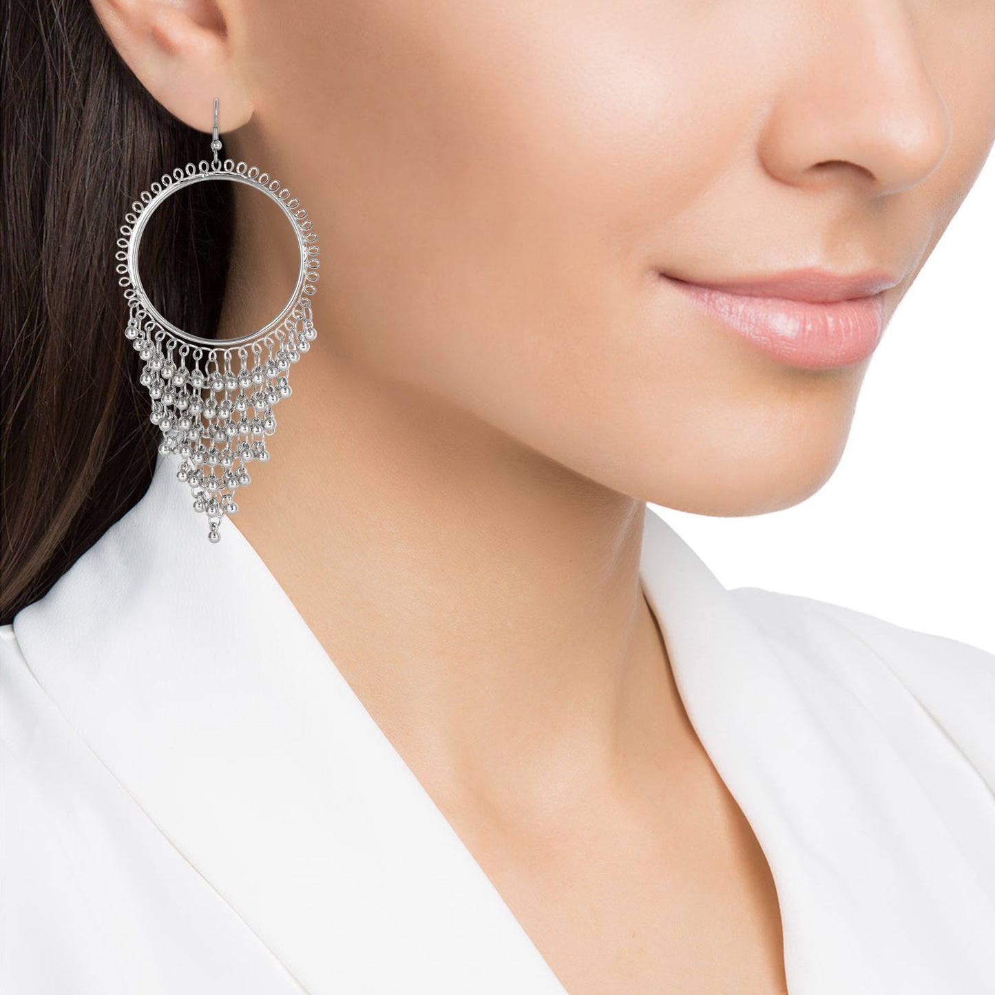 Oxidised Black Silver Multilayered Stylish Hoop and Bali Earring with Tassels for Girls and Women (SJ_1711)