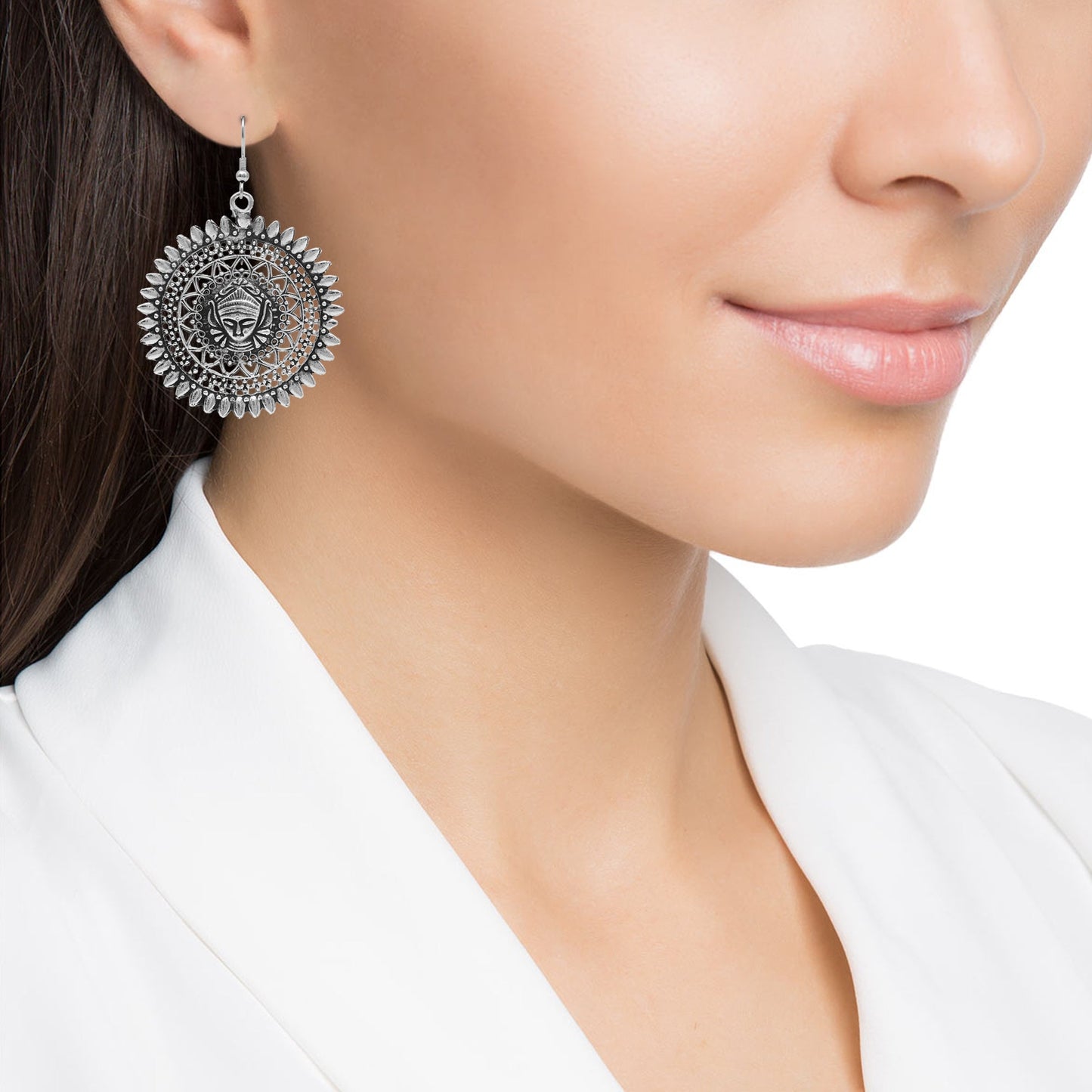 Oxidised Black Silver Lord Buddha Temple Stylish Hoop and Bali Earring for Girls and Women (SJ_1729)